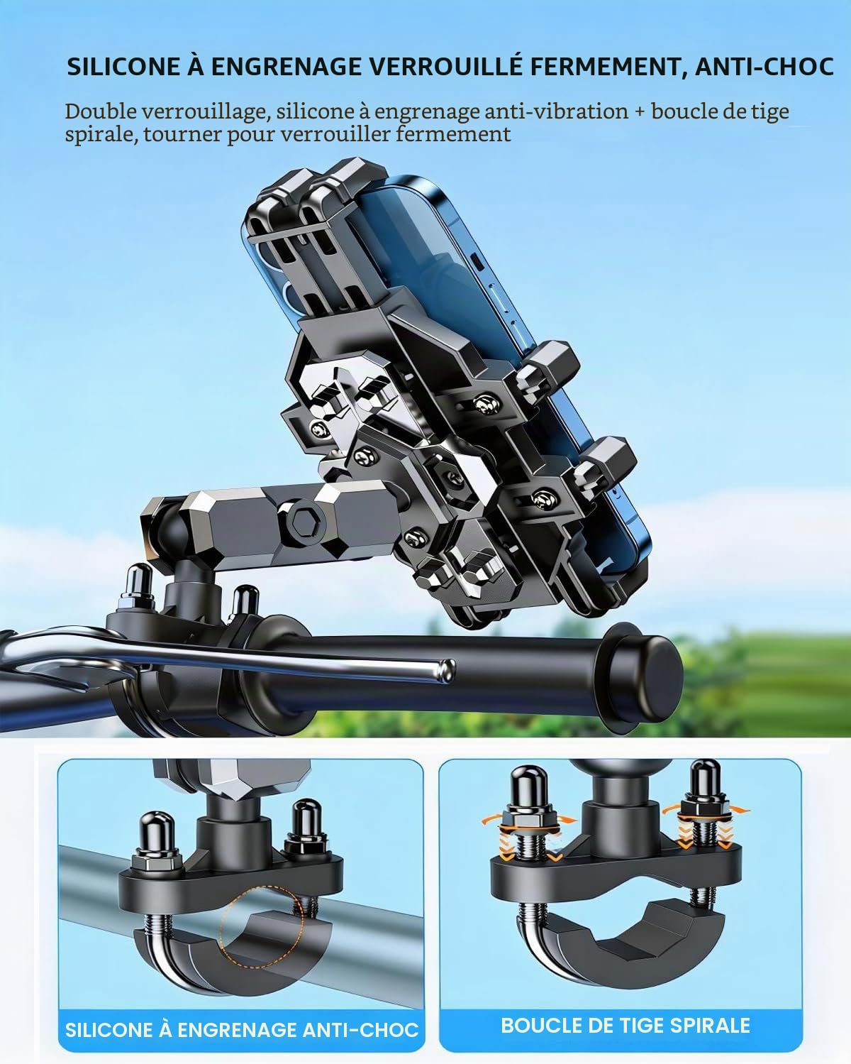 Support Téléphone Moto, Support à Double Amortissement Anti-Vibrations, Support Téléphone Vélo Réglable, Compatible avec iPhone, Samsung, LG, Google, Tous Les téléphones 4,7-7,2 Pouces