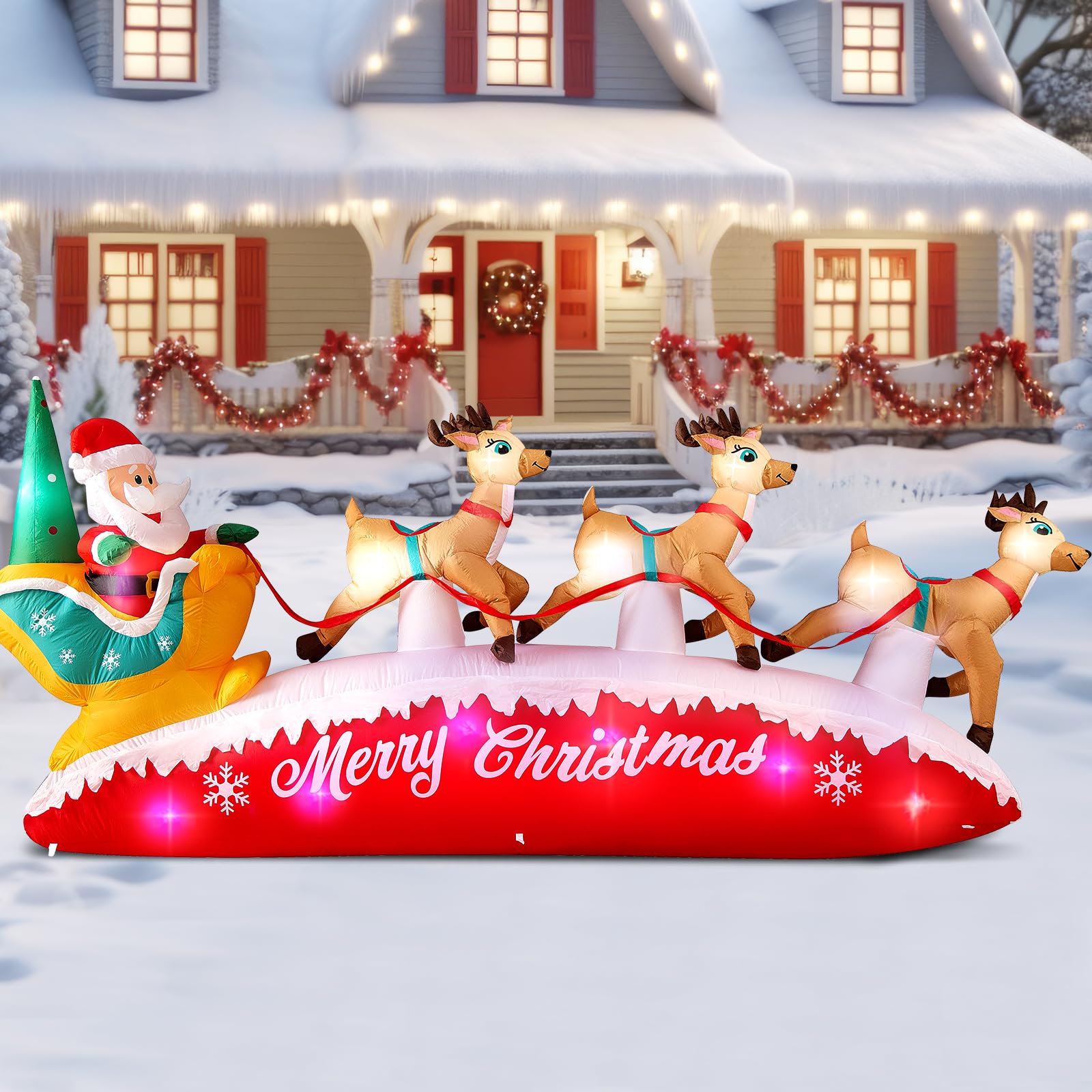 Danxilu Arche gonflable de 3,0 m avec traîneau du Père Noël et 3 rennes - Décorations de Noël gonflables pour l'extérieur - Décoration de Noël avec lumières LED colorées intégrées pour jardin, pelouse