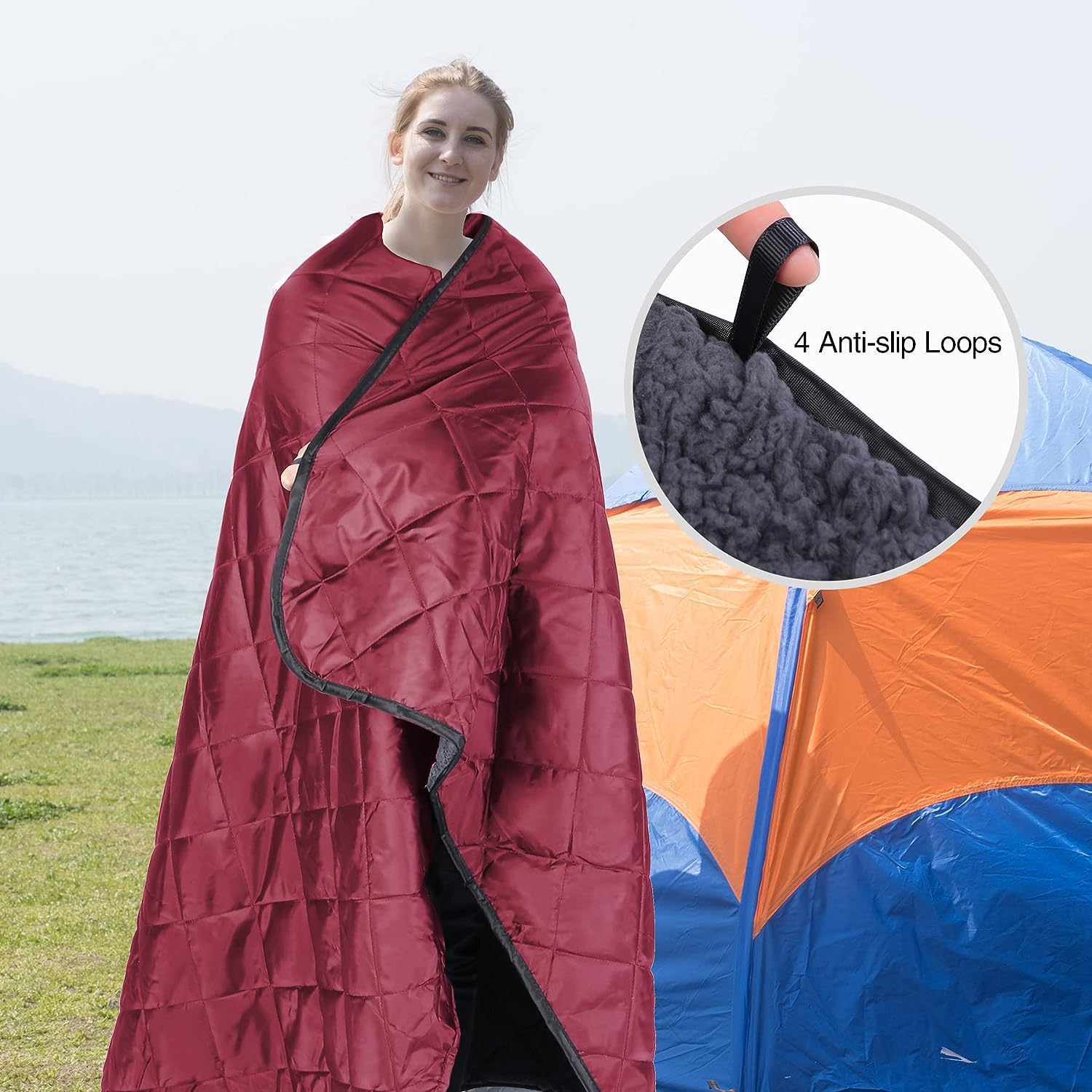 REDCAMP Grote campingdeken met sherpa-voering, koud weer, warme outdoor deken, winddicht, voor campingstadion, machinewasbaar, 150 x 180 cm, rood