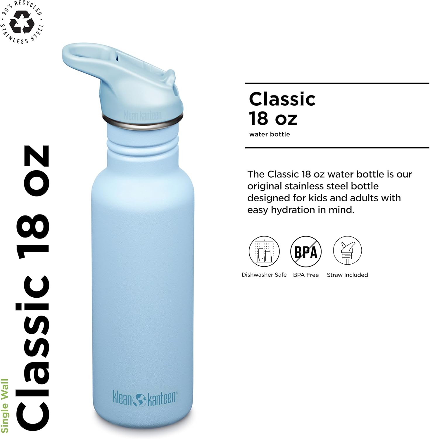 Klean Kanteen 18 oz Classic Water Bottle with Flip Seal Sport Cap & Straw - 100% Leakproof Spout & Cap - Durable, BPA-Free & Stainless Steel Material - Easy-Sip Water Bottle - Clear Sky - Image 2