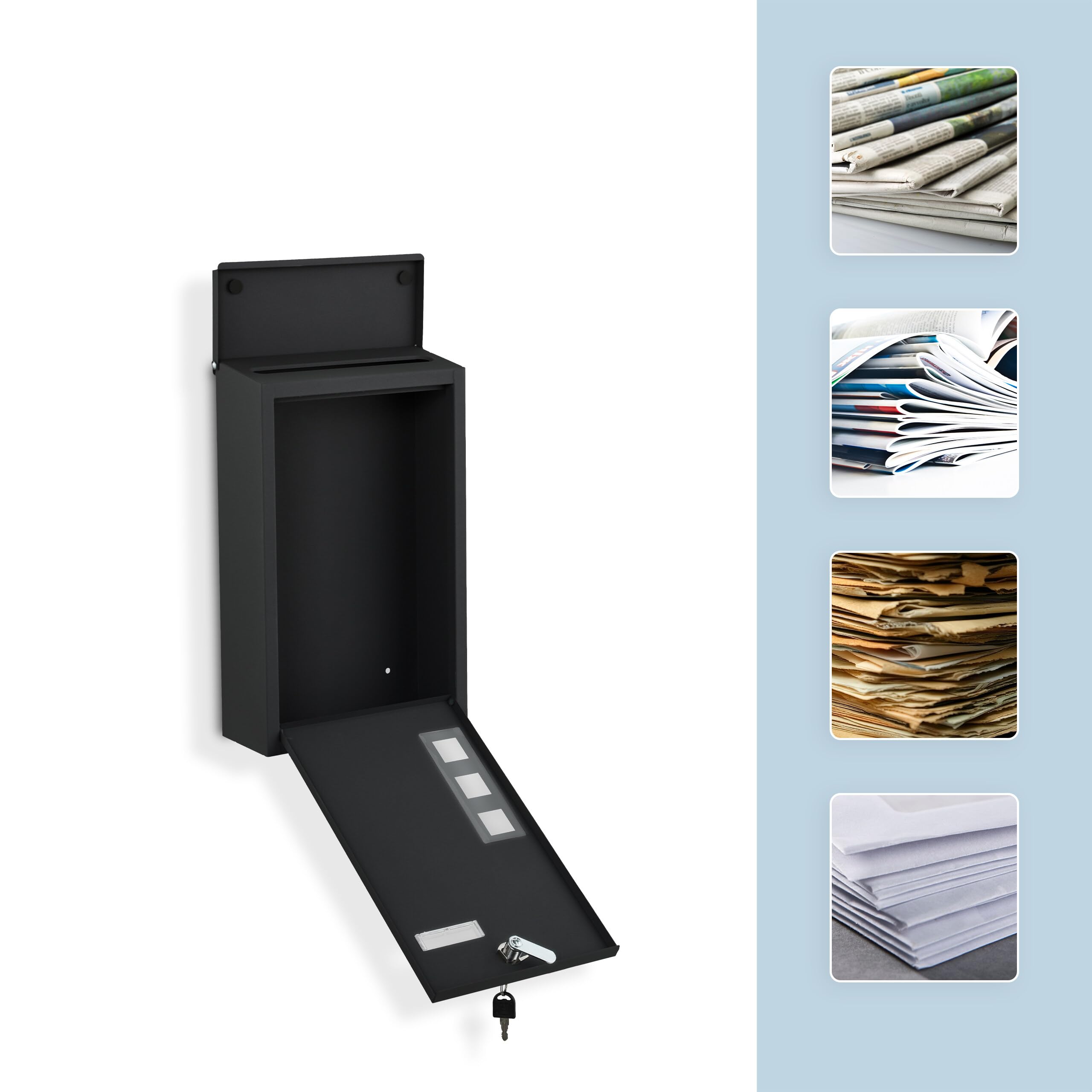 Relaxdays Cassetta della Posta a Parete, Buca Porta Lettere con Chiave e Finestrelle, Mailbox HLP: 40x25x11,5 cm, Nero