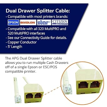 APG Printer Interface Cable | CD-D1D2EP | Dual Drawer Splitter Cable | RJ-12 Male Splitter Cable Cash Drawers with MultiPRO Interface | Compatible with Epson Printers