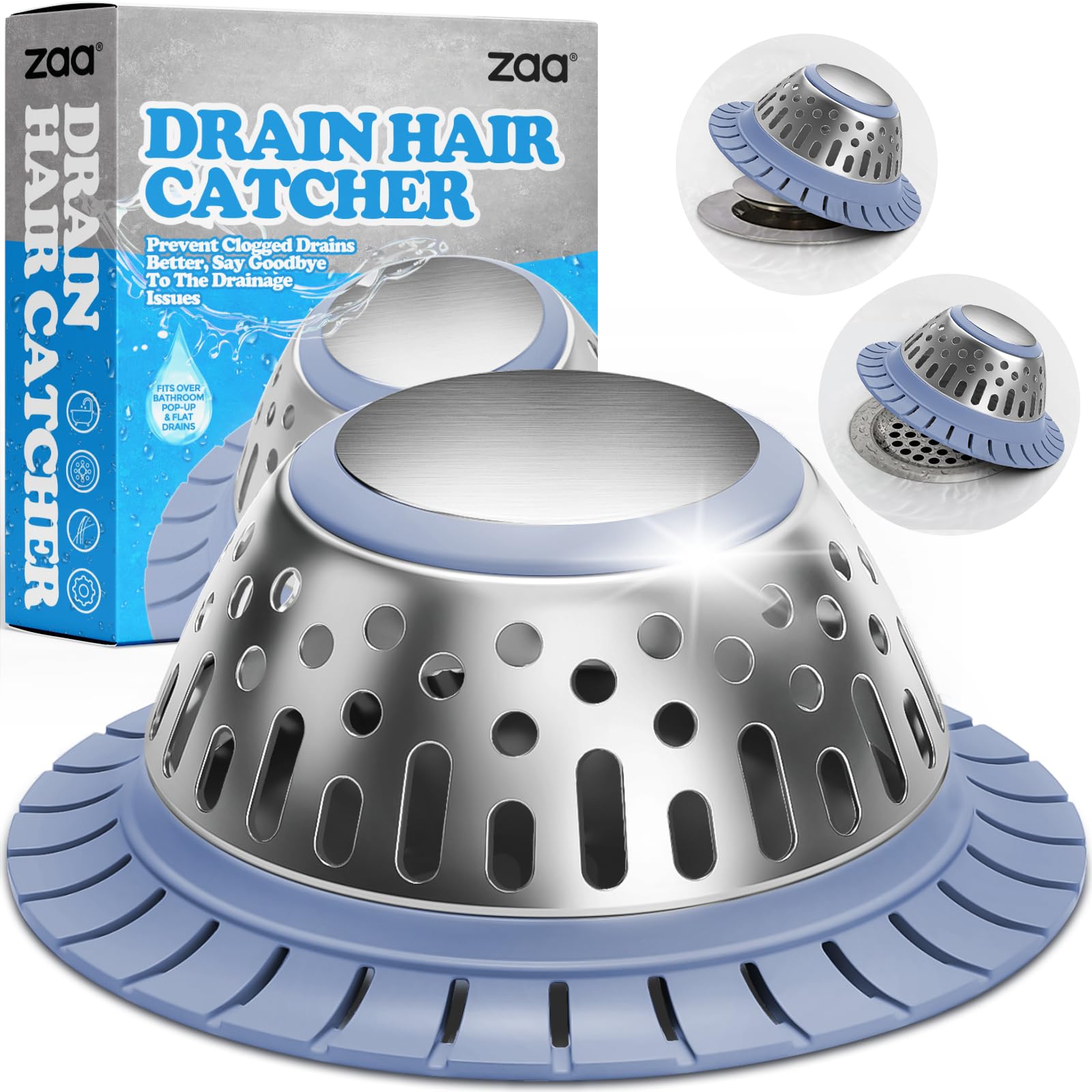zaa Drain Hair Catcher - Bathtub Drain Cover, Hair Stopper for Bathtub Drain, 304 Stainless Steel Drain Protector and Hair Trap for Flat &amp; Pop-up Drains, Silver Blue