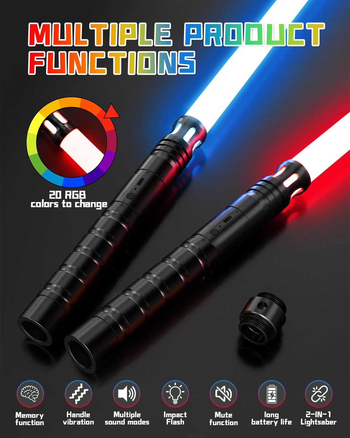 Sabre Laser, Sable Laser Niño con 15 colores, Duelo de sable láser para 4 modos y sonidos, Sable Laser Niños con carga USB-C, Ya sea que la fuerza esté contigo(2.0) 2PC)