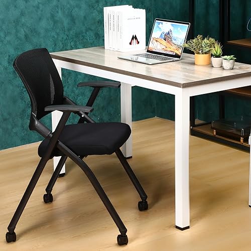 Miniatura 2 de Silla de oficina plegable de 4 piezas con ruedas de poliuretano, soporte lumbar, reposabrazos, asiento de malla transpirable gruesa apilable para