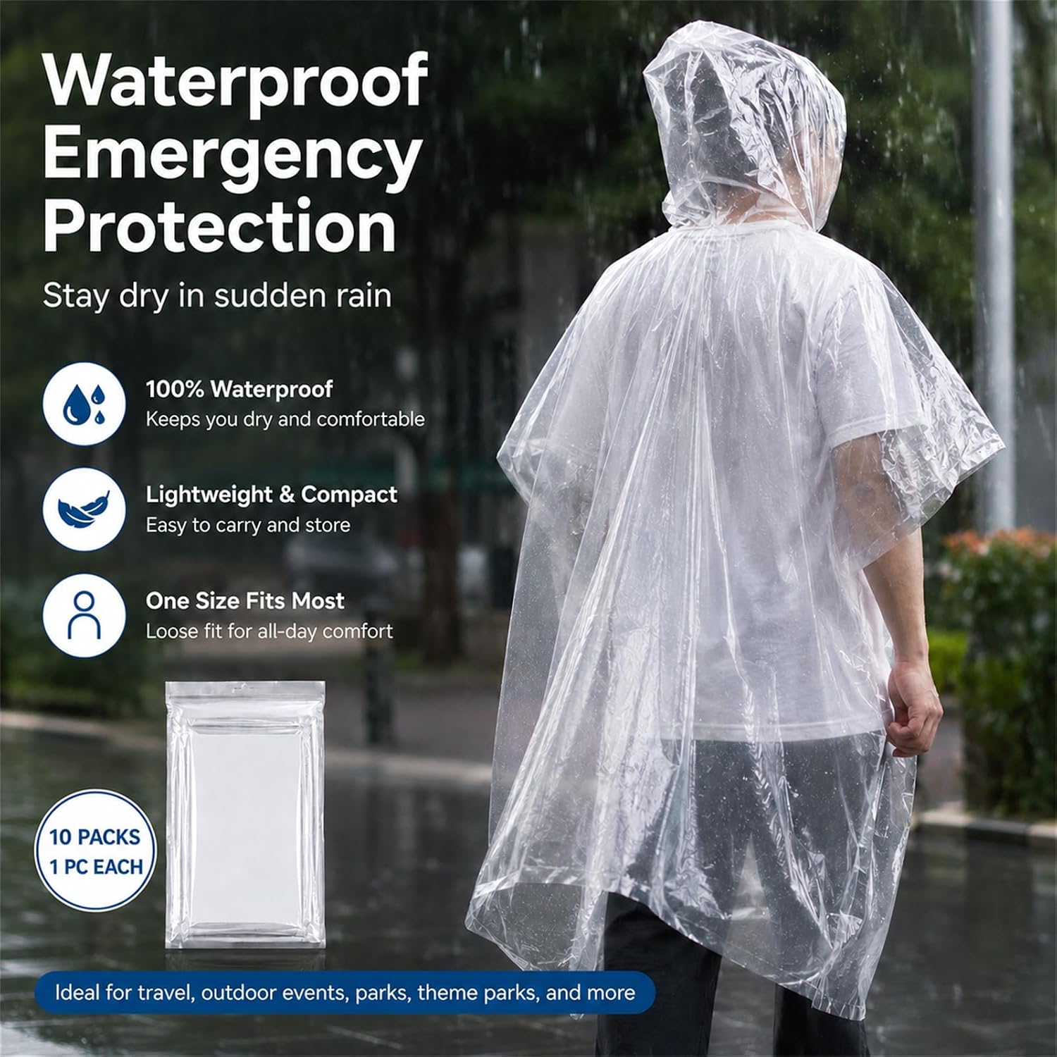 10 Pack Disposable Rain Ponchos for Adults, Emergency Clear Raincoats with Drawstring Hood & Elastic Cuffs, Thick PE Waterproof Family Pack for Travel, Theme Parks, Disney, Concerts, Camping