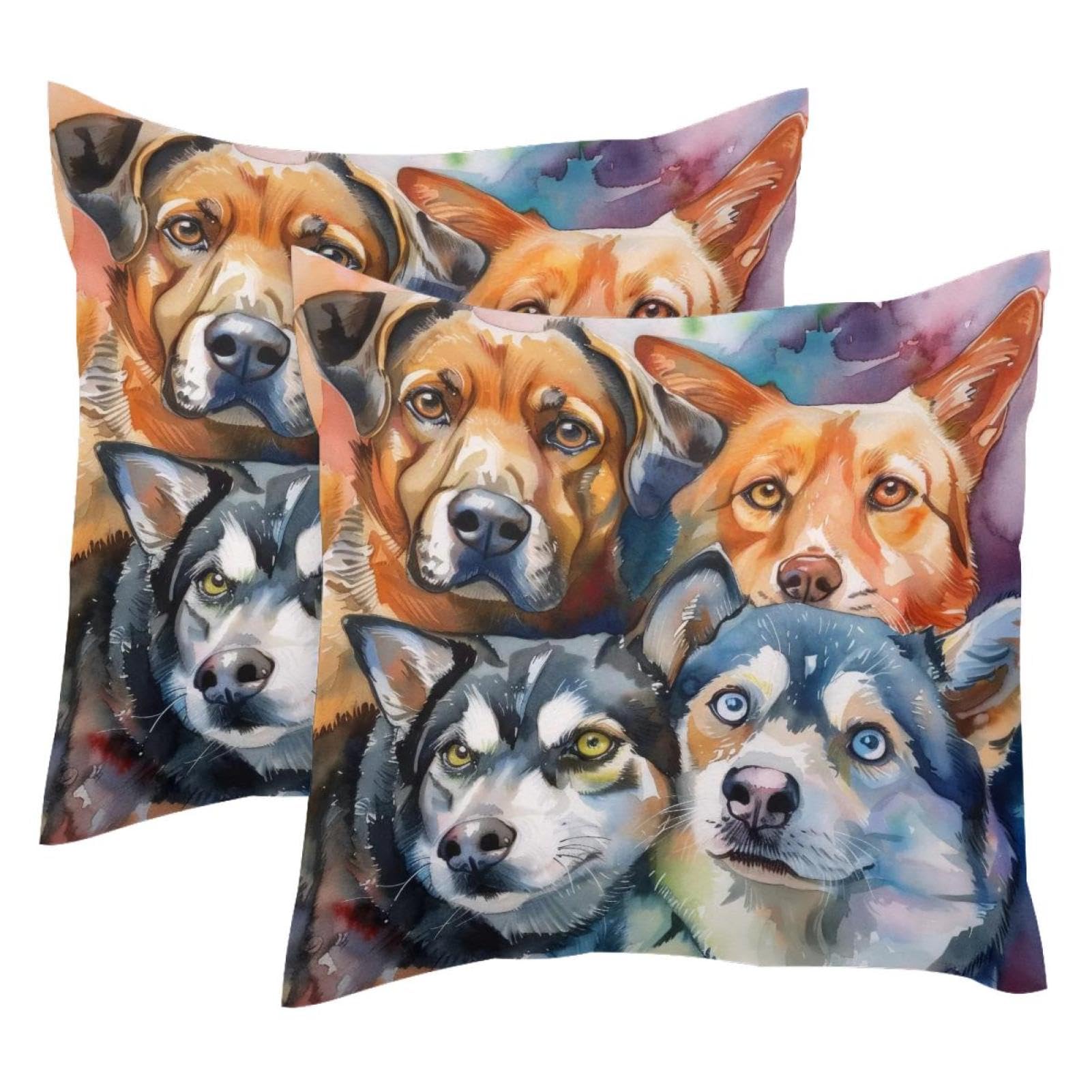 Housse de coussin en velours doux 50x50 cm motif aquarelle chien, finitions premium
