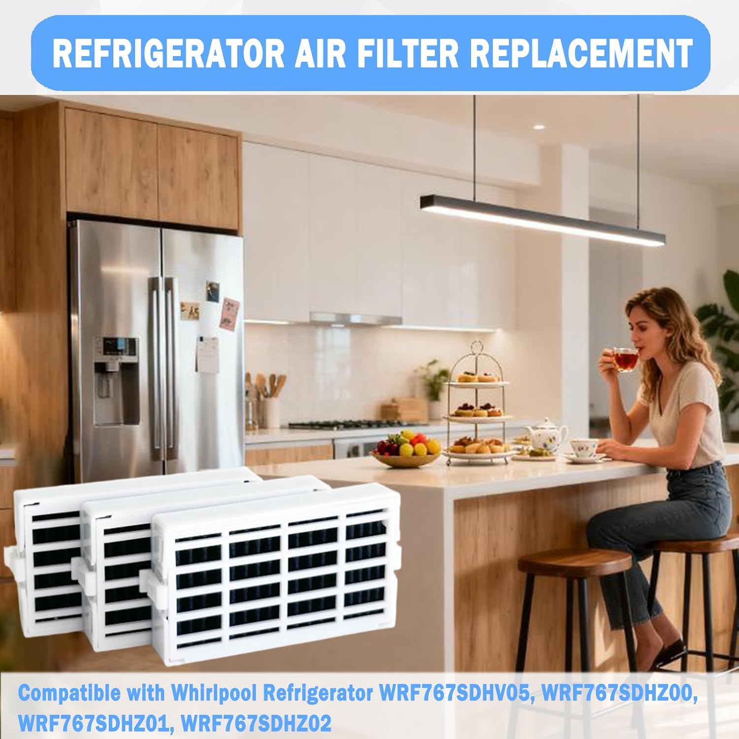 3 Pcs Refrigerator Air Filter Replacement Compatible with Whirlpool WRF767SDHV05, WRF767SDHZ00, WRF767SDHZ01, WRF767SDHZ02