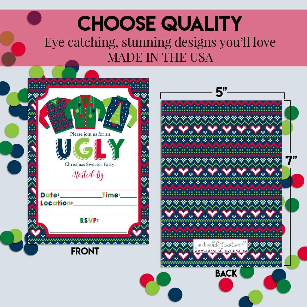 Amanda Creation Christmas Invitations with Envelopes – Ugly Sweater Christmas, 20 Pack 5x7 Double Sided Fill-In Invite Cards with Twenty White Envelopes Perfect for Holiday Parties