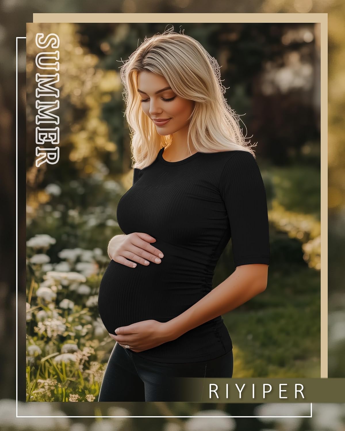 Riyiper 3 Pack Women's Maternity Cotton T Shirt Ribbed Half Sleeve Tunic Round Neck Side Ruched Tops Casual Pregnancy Clothes - Image 3