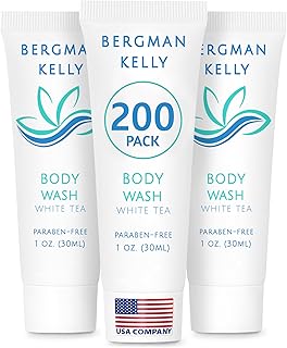 BERGMAN KELLY Travel Size Body Wash (1 fl oz, 200 PK, White Tea), Delight Your Guests with a Revitalizing and Refreshing Hotel Body Wash, Quality Mini and Small Size Guest Hotel Toiletries in Bulk