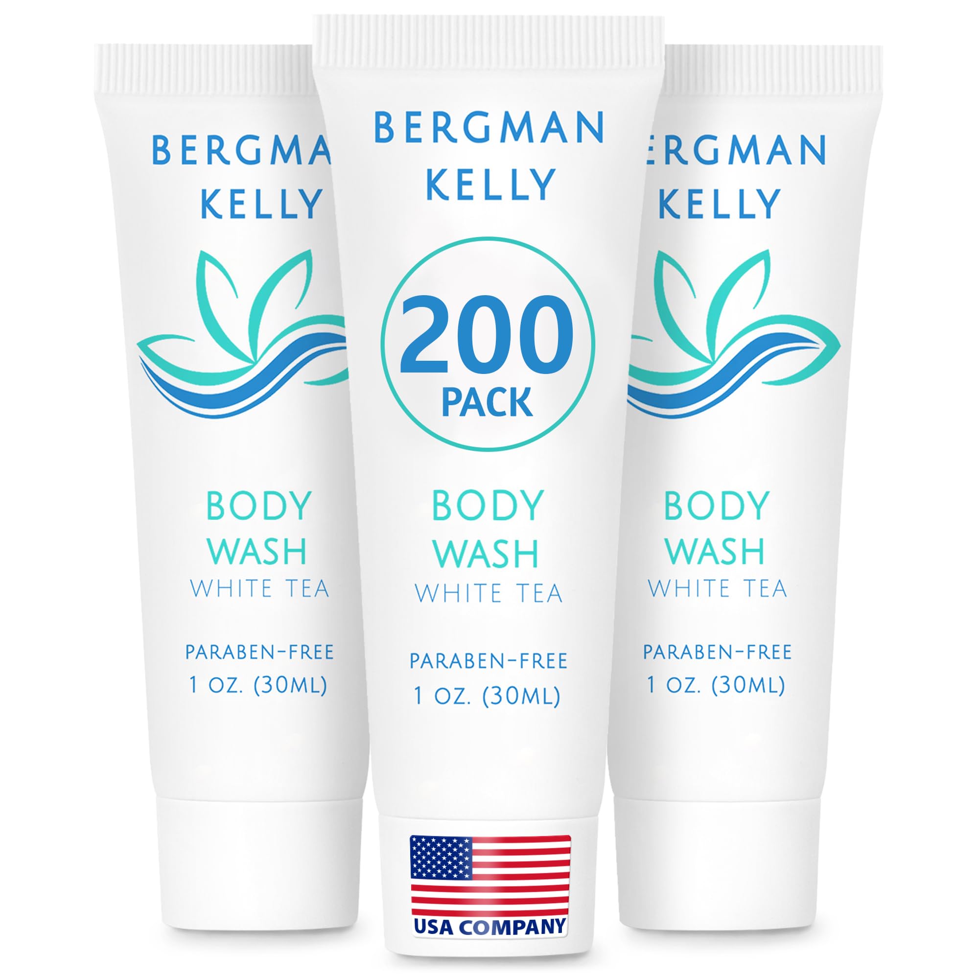 BERGMAN KELLY Travel Size Body Wash (1 fl oz, 200 PK, White Tea), Delight Your Guests with a Revitalizing and Refreshing Hotel Body Wash, Quality Mini