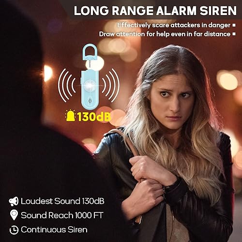 Miniatura 2 de Llavero de alarma de seguridad personal para mujeres, 2 unidades, sirena fuerte de 130 dB con luz estroboscópica SOS, linterna, altavoces dobles,