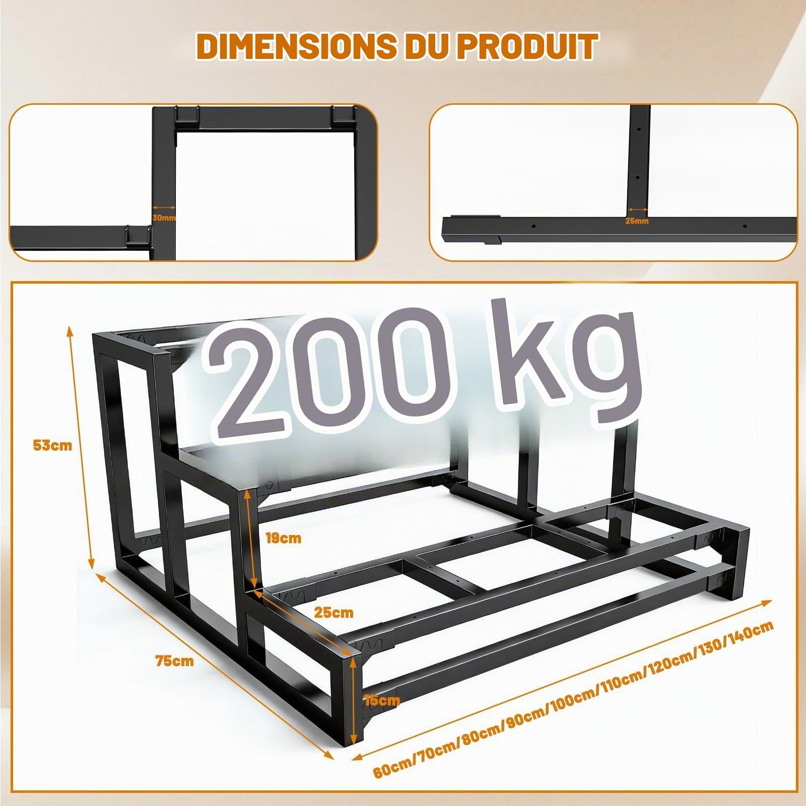Contremarche en acier à 3 marches, limon métallique pour marche en bois, supports d'escalier autoportants pour marches intérieures et extérieures (Largeur 80 cm)