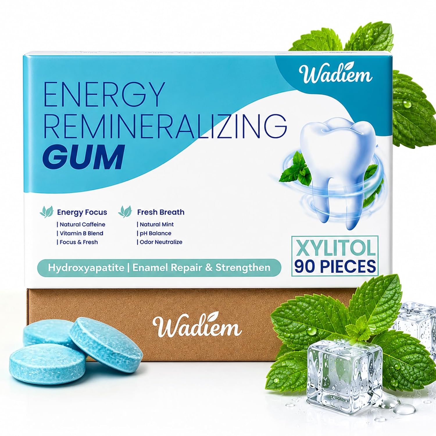 Remineralizing Gum with Nano-Hydroxyapatite & Xylitol | 90 Pieces | Energy & Focus Chewing Gum with Caffeine + L-Theanine, Repair for Gum Teeth, Extra Strong Mint Breath Freshener, Sugar Free