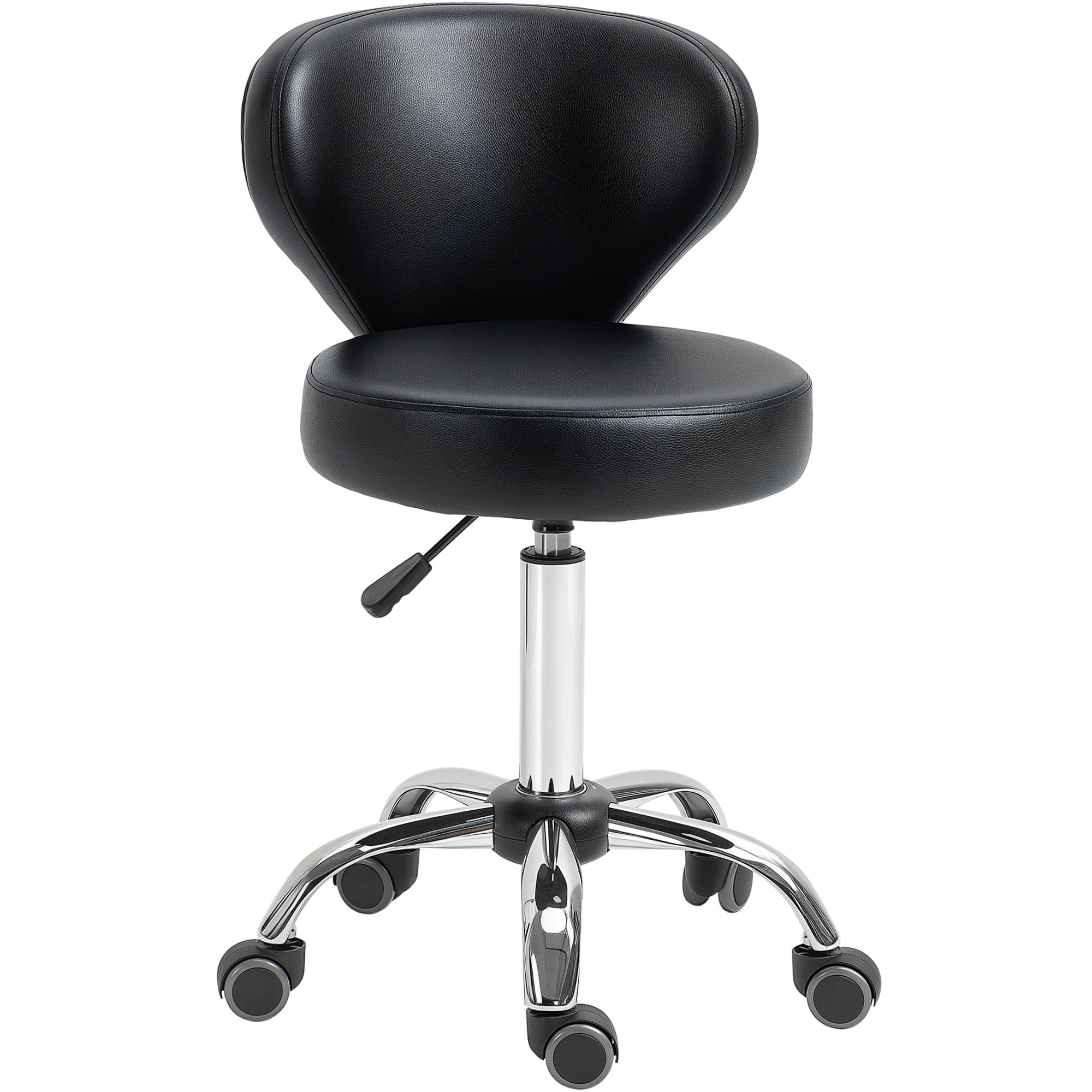 HOMCOM con Ruedas de Masaje – Taburete de Trabajo Giratorio 360° – Asiento Ajustable 49-64H cm, Respaldo ergonómico – Metal Cromado Revestimiento sintético Negro