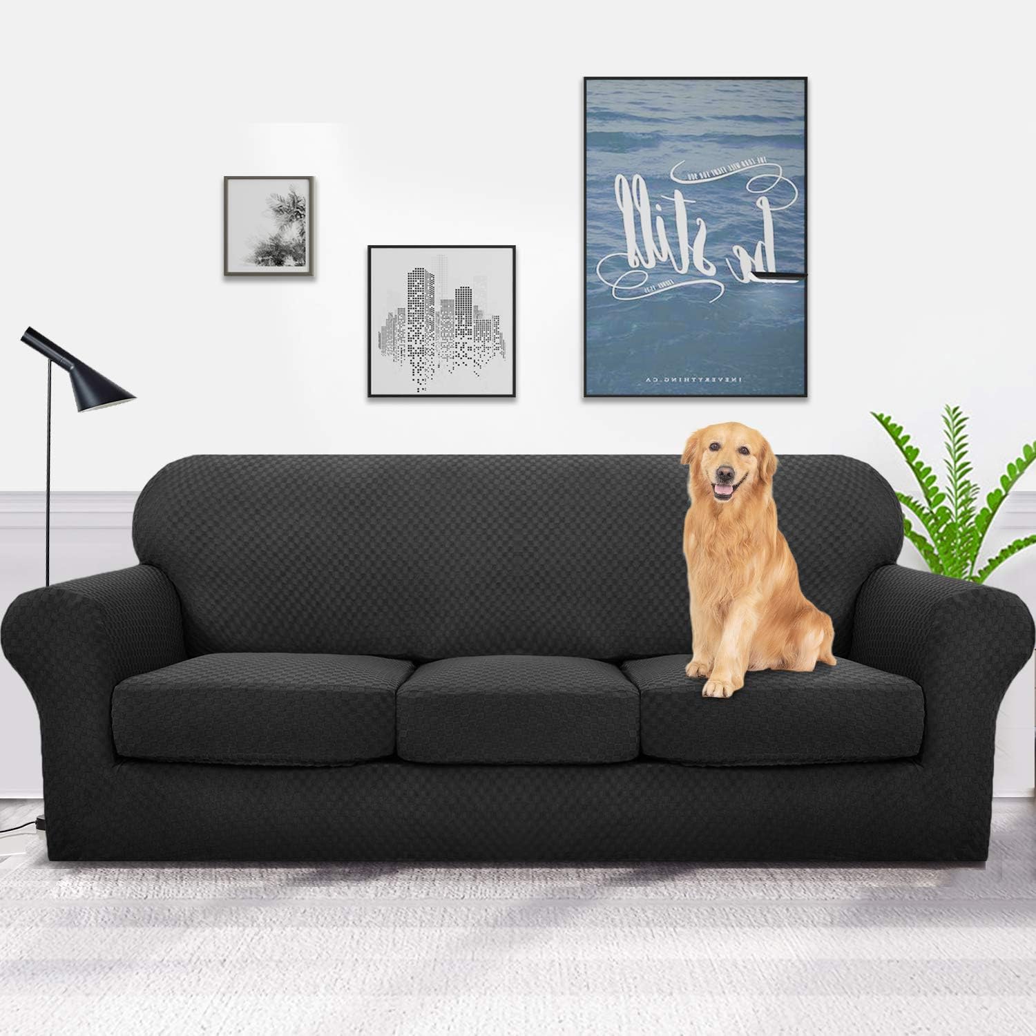 YEMYHOM Small Size Ottoman Cover + 4 Pieces Extra Large Size Sofa Slipcover (Black)