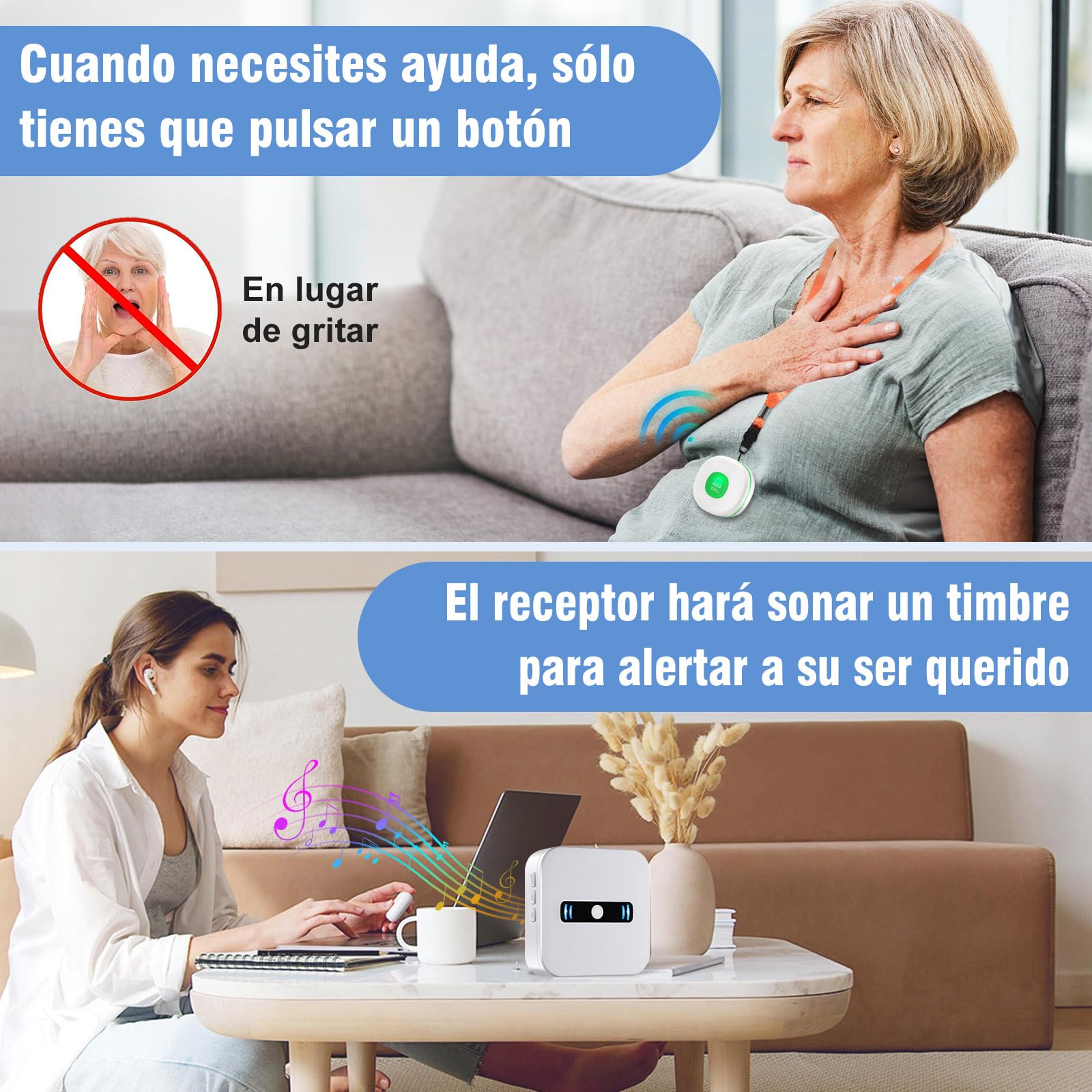 Daytech Avisador Personas Mayores,Boton Emergencia Ancianos,El Boton Llamada Emergencia es Adecuado para Familiares Que Necesitan ser Atendidos en Casa(2 Receptor + 3 Botón)