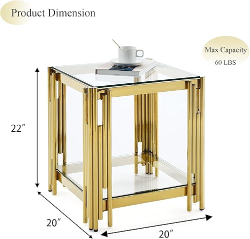 Miniatura 10 de WOKER FURNITURE Mesa auxiliar de cristal negro con marco geométrico de metal dorado, mesa auxiliar moderna de 20 pulgadas con parte superior de