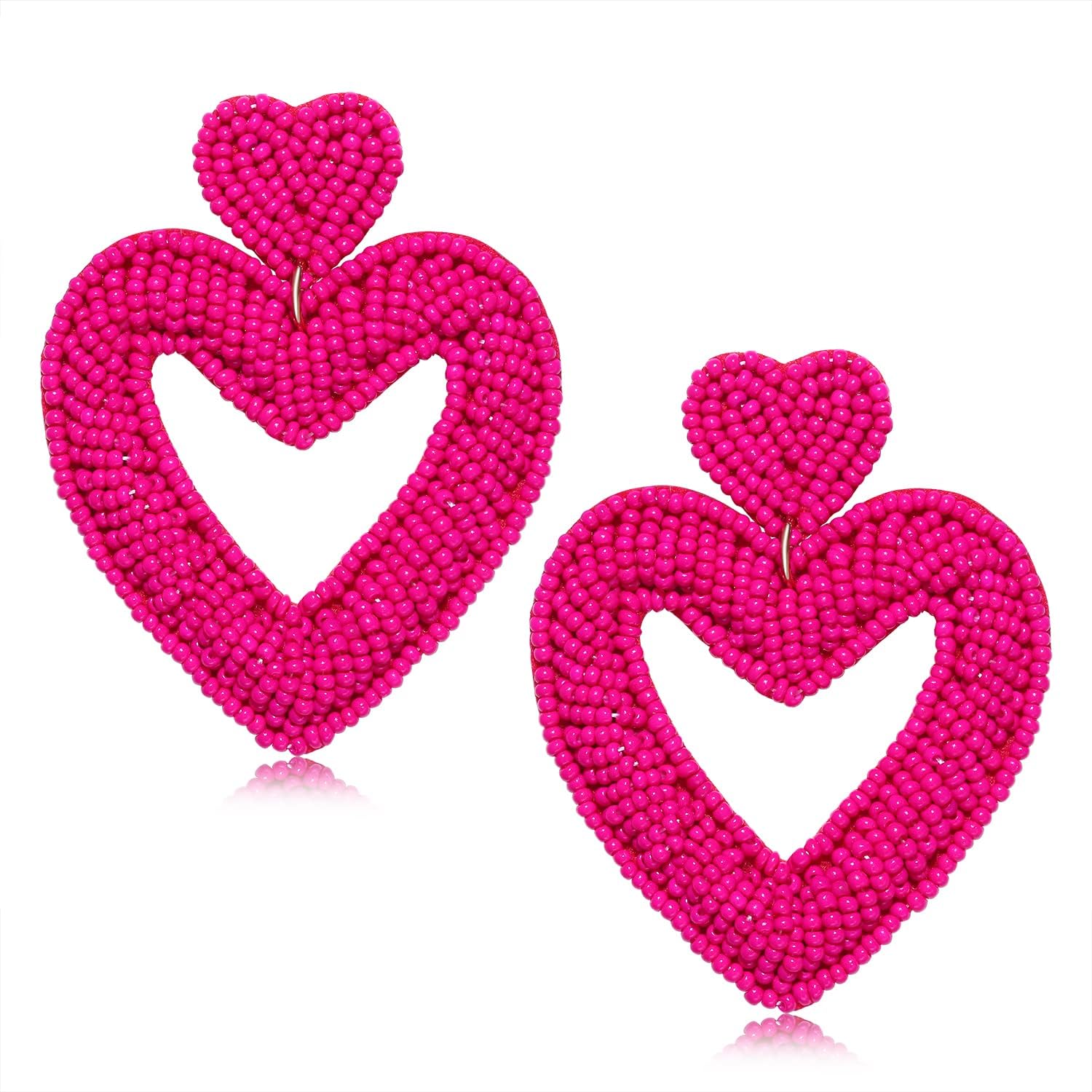 Bead Dangle Earrings for Women Beaded Heart Dangle Earrings Bohemia Statement Bead Drop Earrings Studs Valentine’s Day Heart Beaded Earrings Gifts