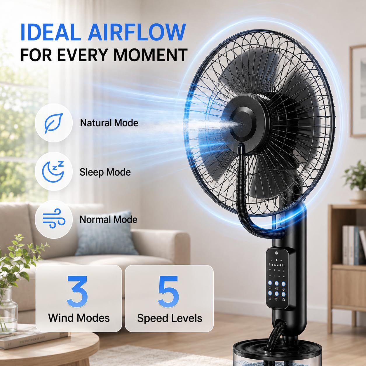 Ventilatore a Piantana Nebulizzatore 4L con Telecomando, 5 velocità | Ampio Serbatoio Acqua, 3 Modalità Raffreddamento per Casa, Camera, Ufficio, Soggiorno, Garage, Terrazza e Estate Esterni