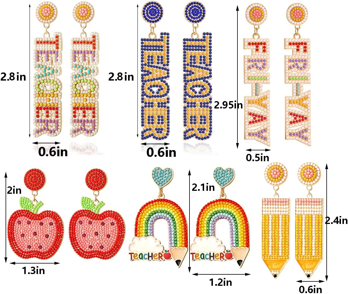 Teacher Earrings for Women Rhinestone Beaded Dangle Drop Pencil FRIYAY Earrings Colorful Teacher Appreciation Earrings Back To School Jewelry Set - Image 2