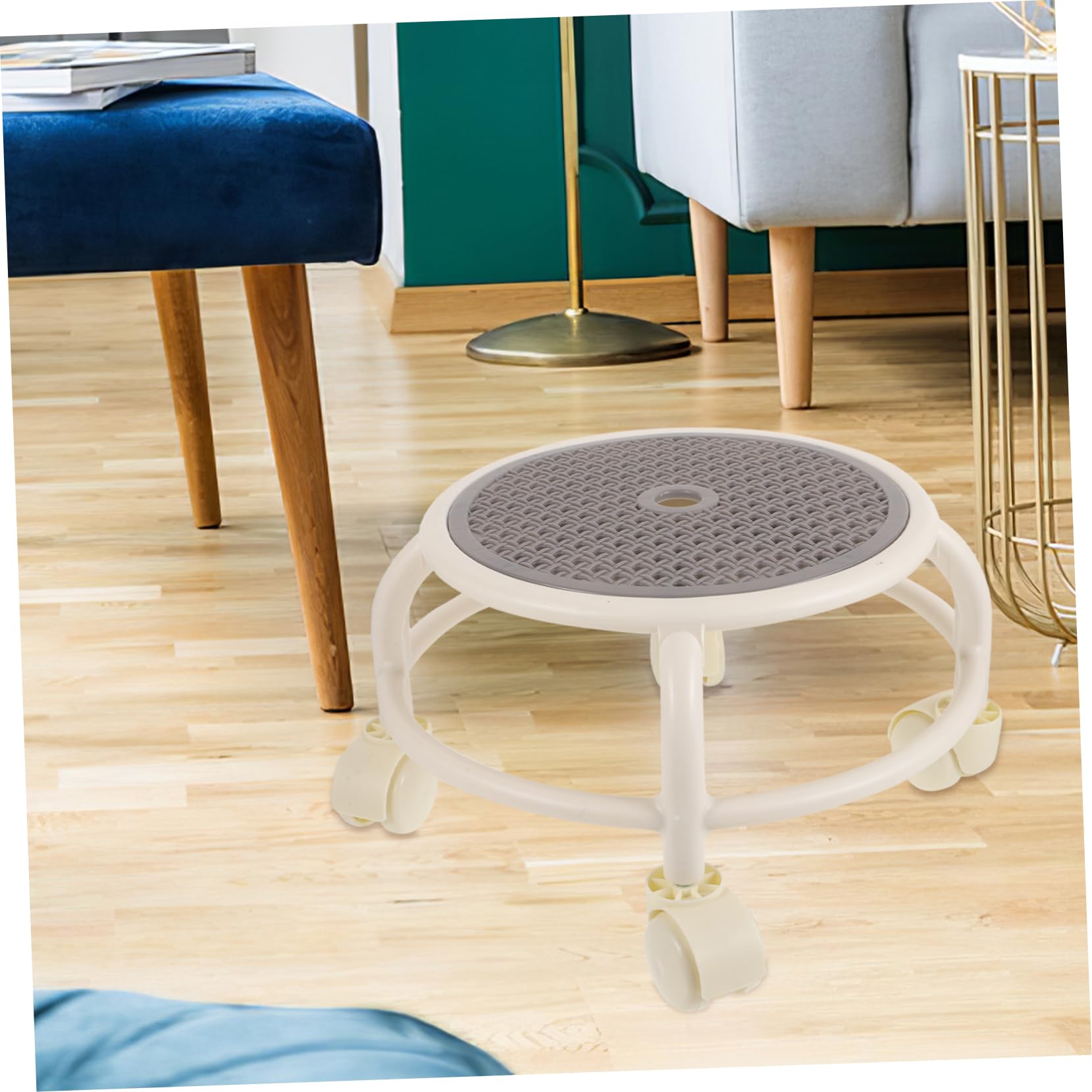 Sgabello Rotondo con Ruote Mobili in Plastica per Pedicure e Salone di Bellezza, Resistente e Flessibile per Uso Professionale e Domestico