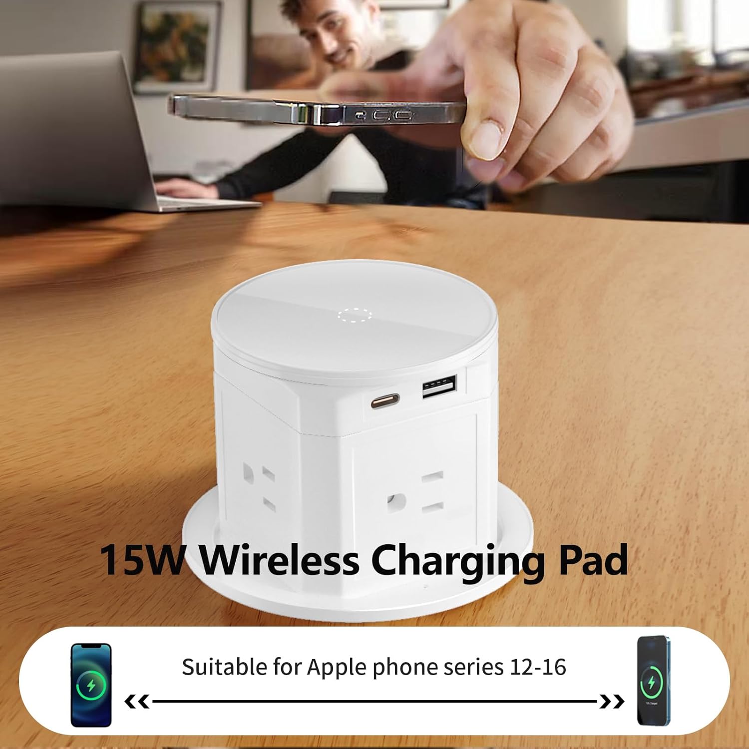Pop Up Countertop Outlet with 15W Wireless Charger,Pop up Outlet,Max 20W USB Power Delivery,Free 3.94"（100mm） Hole Opener,Pop Up Electrical Outlet with 4 Outlets 15A, 2 USB Ports for Home Office.