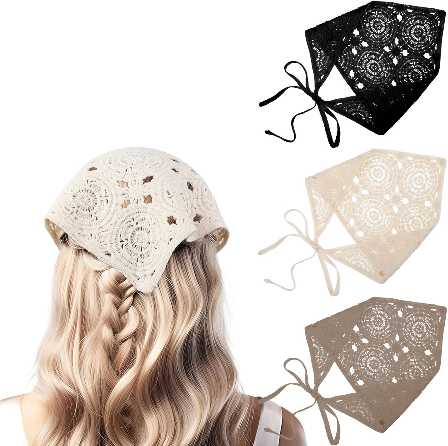 3PCS Hollow Crochet Hair Bandanas for Women, Floral Daisy Headscarf Bandanas Vintage Scarf Headbands for Women Girls Head Kerchief Styling Decor (Black+ Beige+ Khaki)