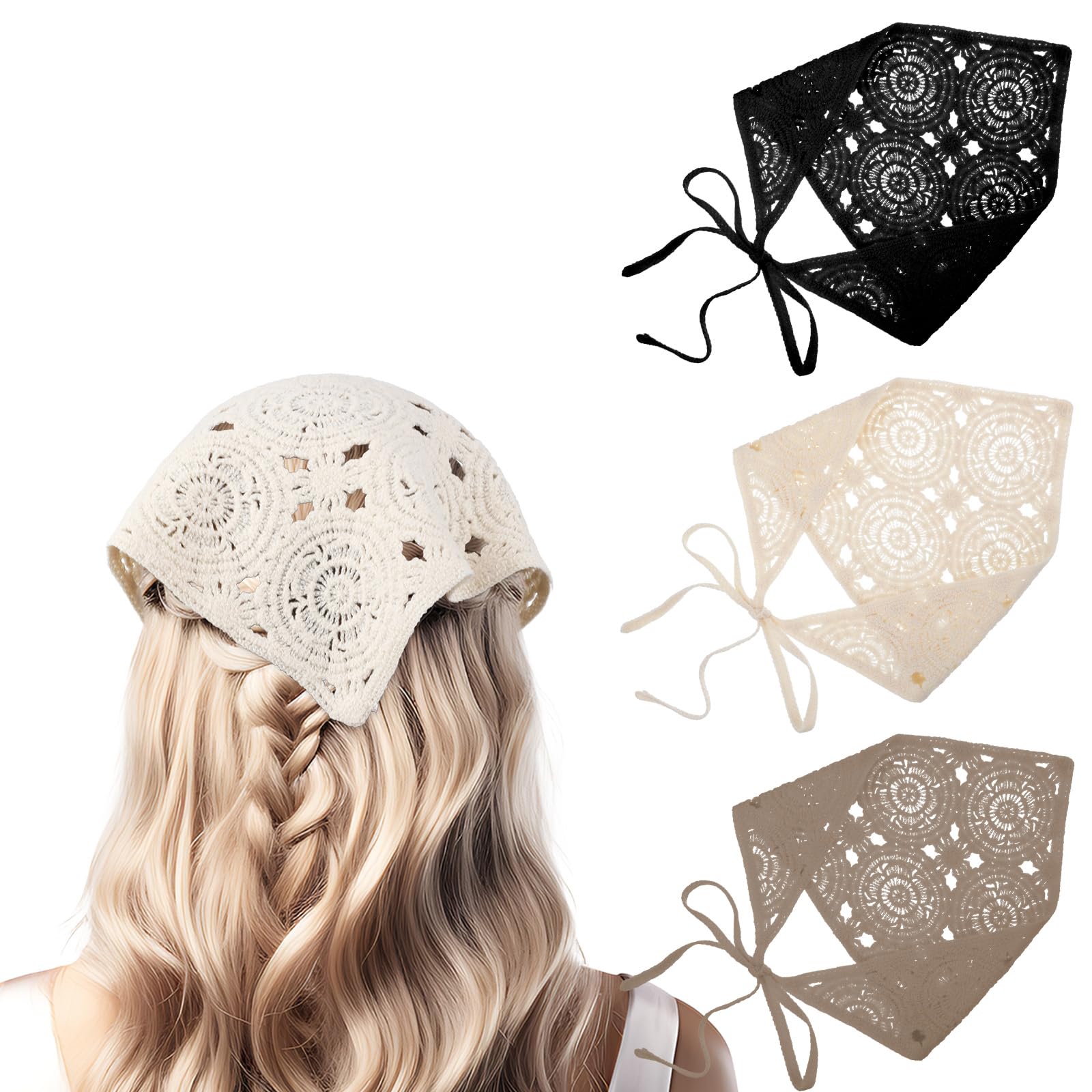 3PCS Hollow Crochet Hair Bandanas for Women