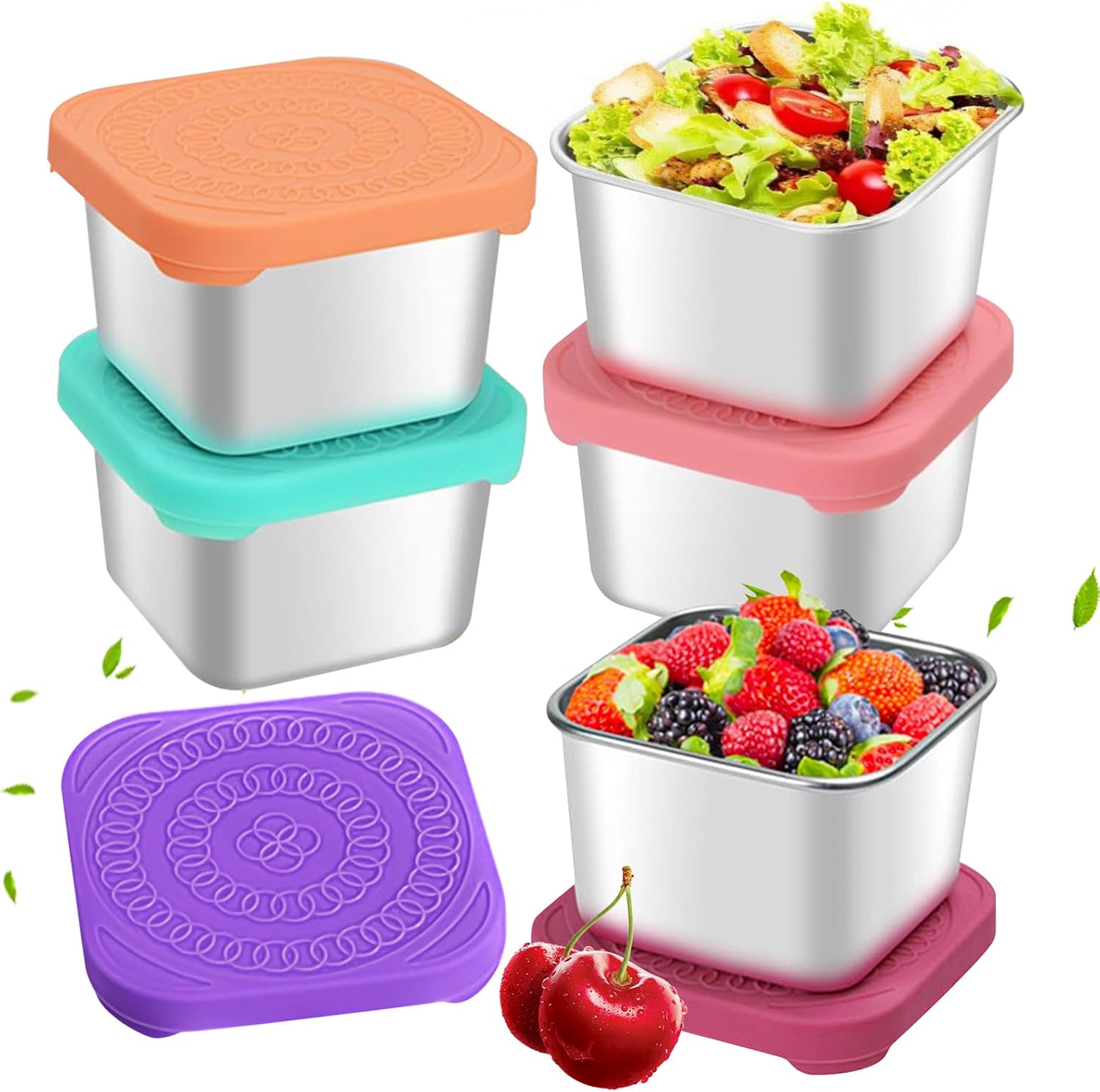 Stainless Steel Snack Containers, Set of 4 Easy Open Leak Proof Small Food Containers with Silicone Lids, Reusable Metal Lunch Container for Lunch Boxes, Picnics and Travel