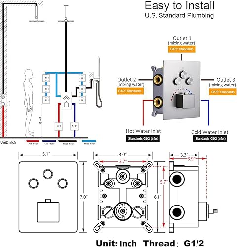 Miniatura 9 de Sistema de ducha Body Jet WHSHOWER con válvula termostática, grifo de lluvia combinado con doble función, 4 chorros corporales, cabezal de ducha LED