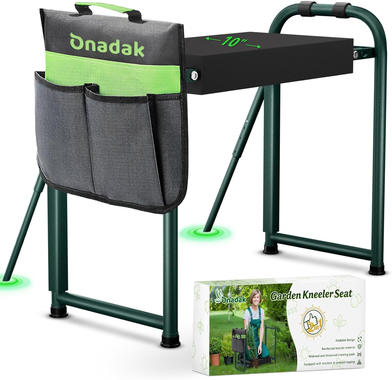 Heavy Duty Garden Kneeler & Seat with Support Legs, 400lbs Capacity Foldable Gardening Stool, Extra Thick Pad & Large Tool Organizer Bag, Ergonomic for Seniors - Dark Black