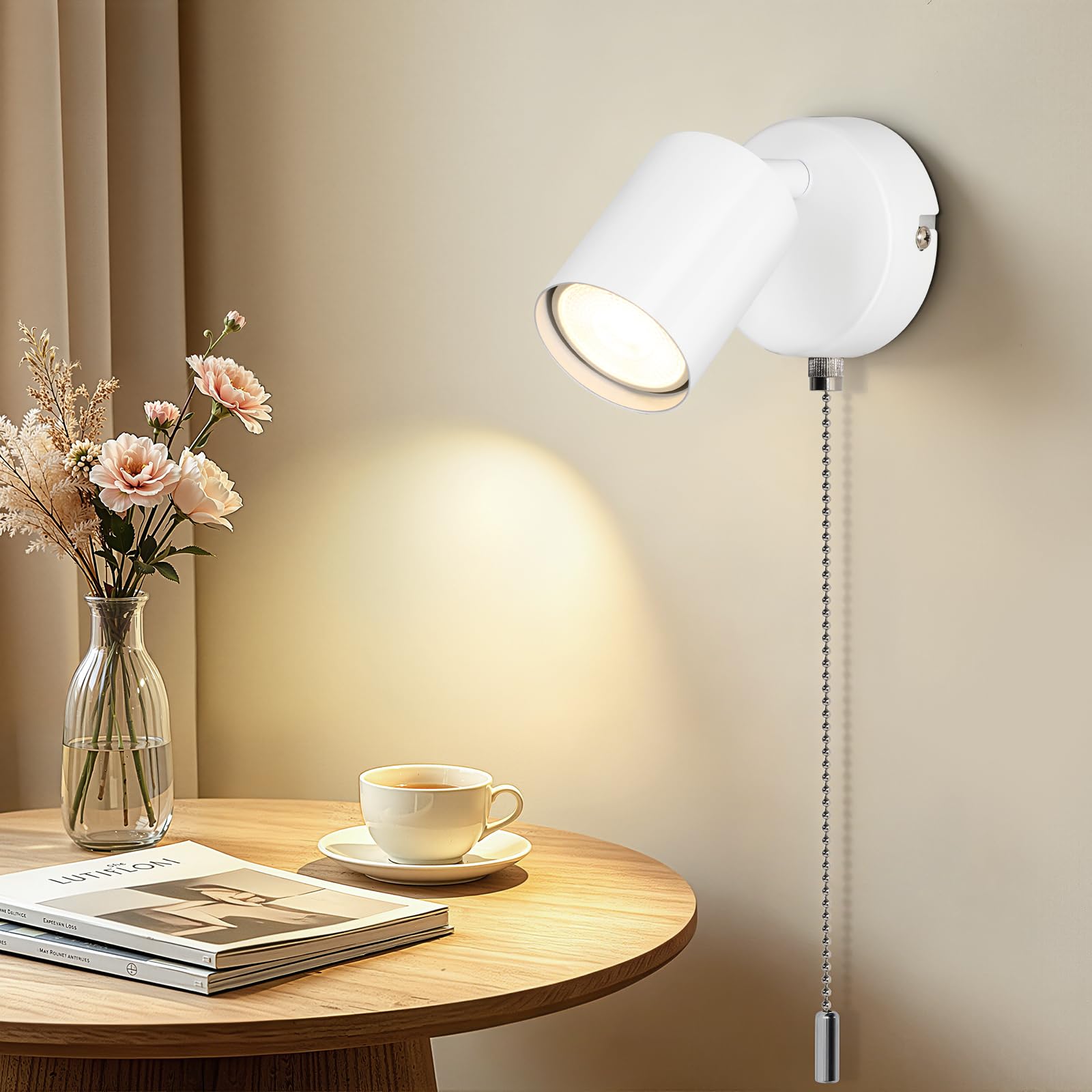 Dehobo Wall Light with Pull Cord Switch GU10, Adjustable Wall Lamp White