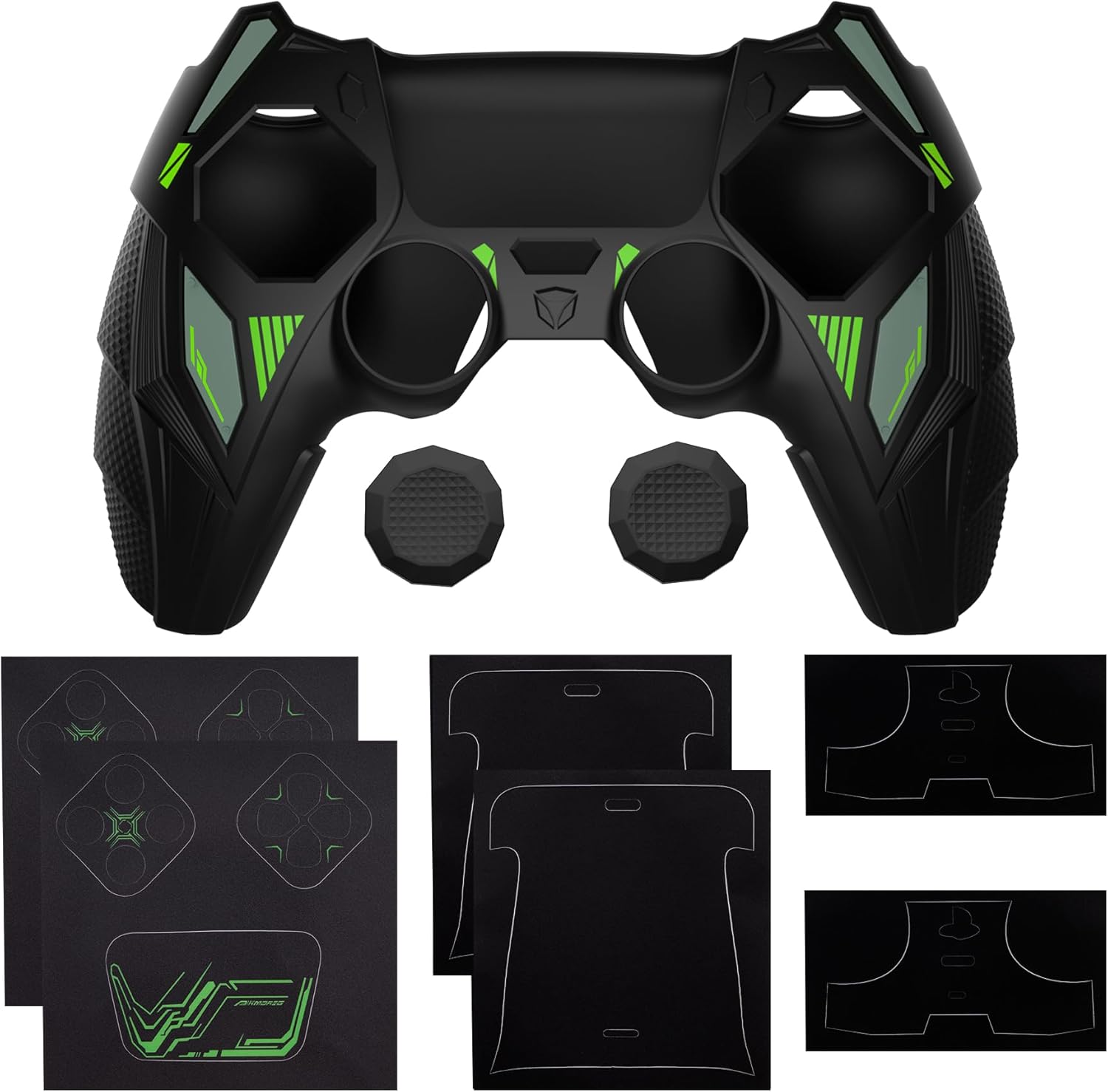 PlayVital Silicone Skin Set for PS5 Controller - Mecha Rhino Design, Anti-Slip Grip Cover Protector Compatible with Charging Dock, with Thumb Grips & Touchpad Sticker - Black & Green - Image 2
