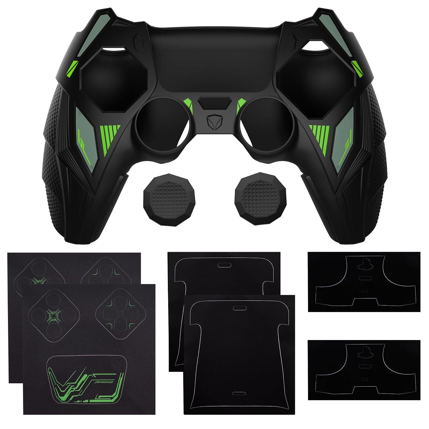 PlayVital Silicone Skin Set for PS5 Controller - Mecha Rhino Design, Anti-Slip Grip Cover Protector Compatible with Charging Dock, with Thumb Grips & Touchpad Sticker - Black & Green