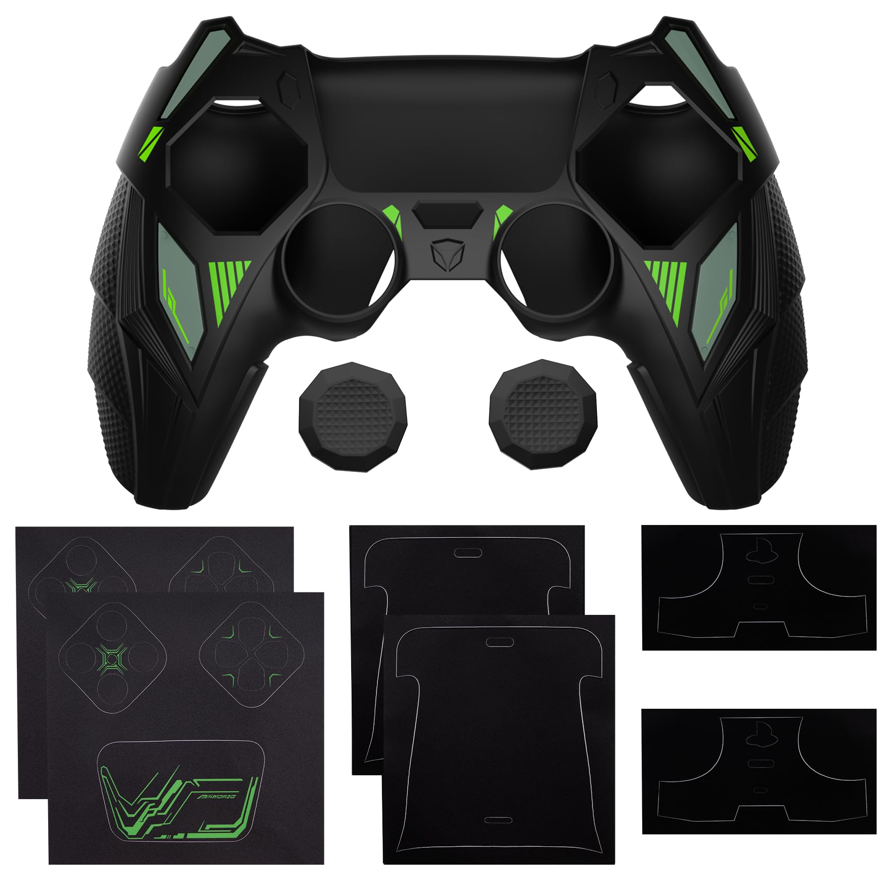 PlayVital Mecha Rhino Silikonhülle für PS5 Controller, Anti-Rutsch-Schutzhülle Case mit Thumb Grips und Aufklebern, Griffe Skin Zubehör für PS5 Wireless Controller Passend zur Ladestation-Schwarz&Grün