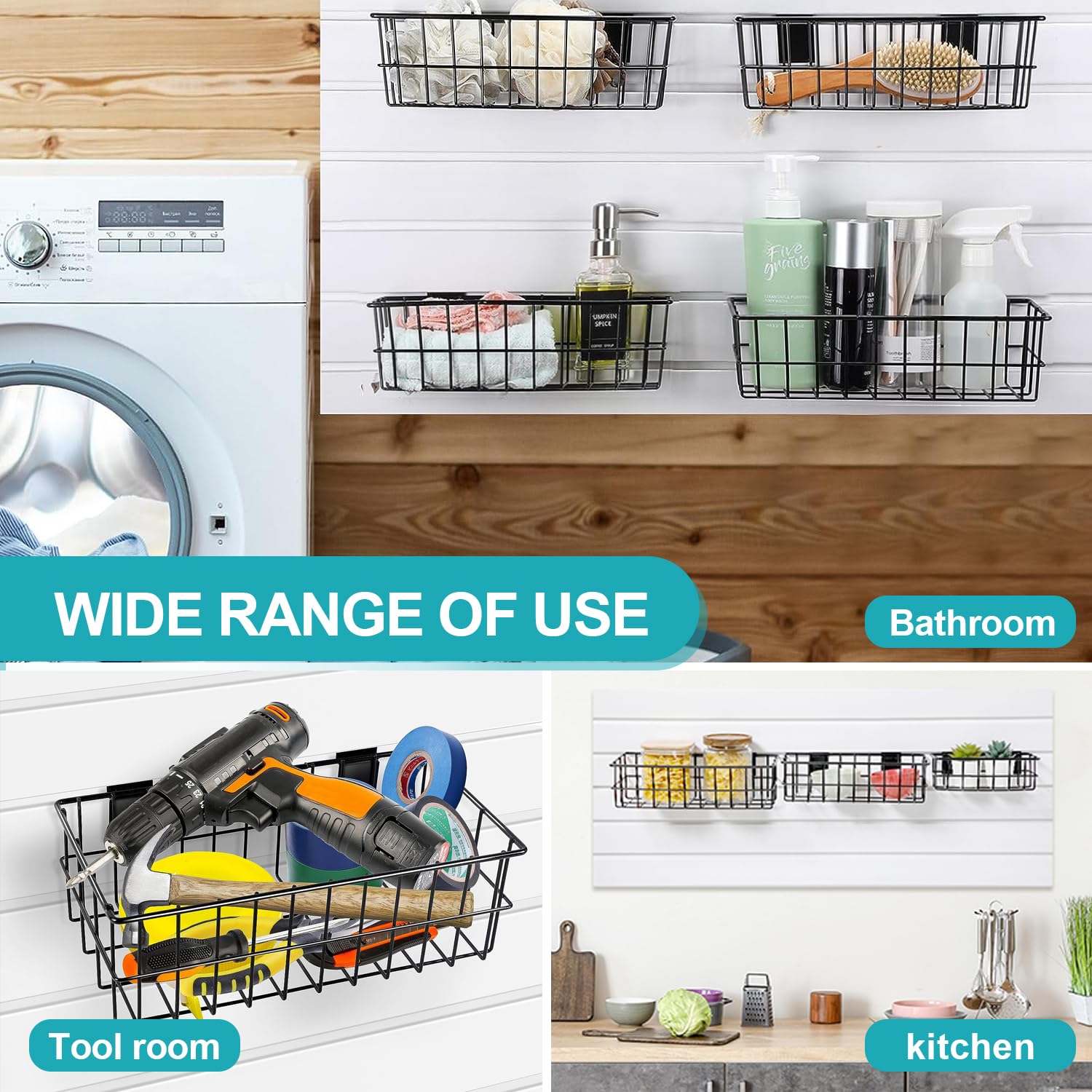 2-Pack Slatwall Storage Baskets With Hooks - 11.8x7.9x3.9 Inch Metal Mesh Organizers For Garage & Shop
