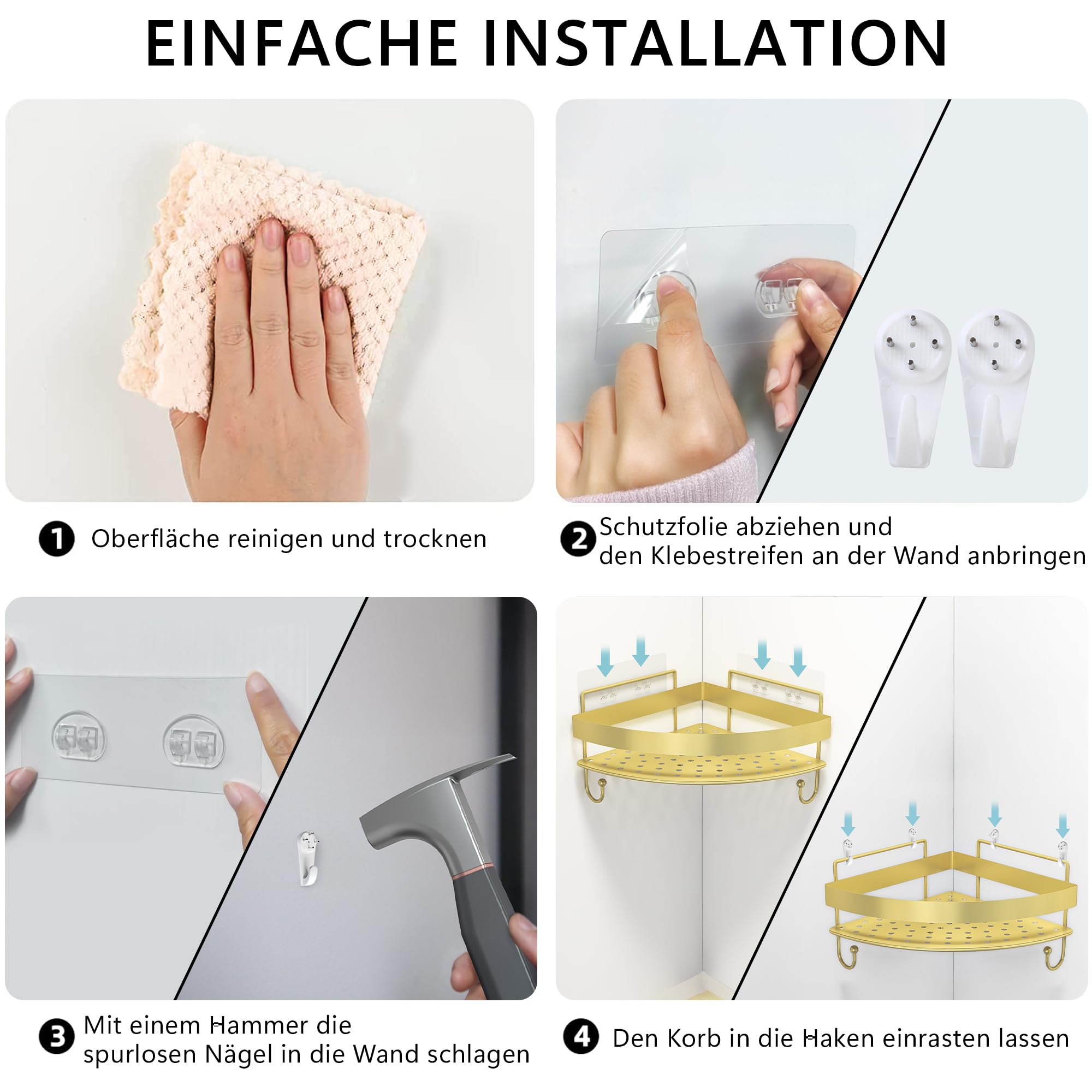 Eck Duschregal Gold, 2 Stücke Edelstahl Duschcaddy mit 4 Haken, Klebe Duschablage Ohne Bohren, Dreieckiges Badregal Zur Aufbewahrung Für Dusche Und Toilette