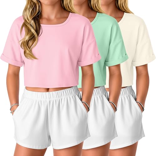 LessonZoo 3 Pack Girls' Crop Tops Kids Oversized Short Sleeve T-Shirts Loose Squ