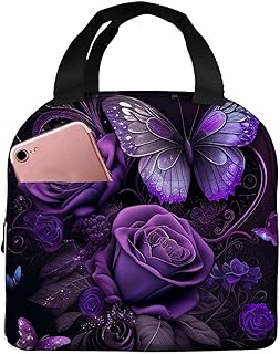 OOZ Rportable Lunch Bag for Women Men Insulated,reusable Lunch Box for Office Work Picnic Beach,Purple Butterflies Roses Floral Flower Lunch Bag,8.5x5x8inch