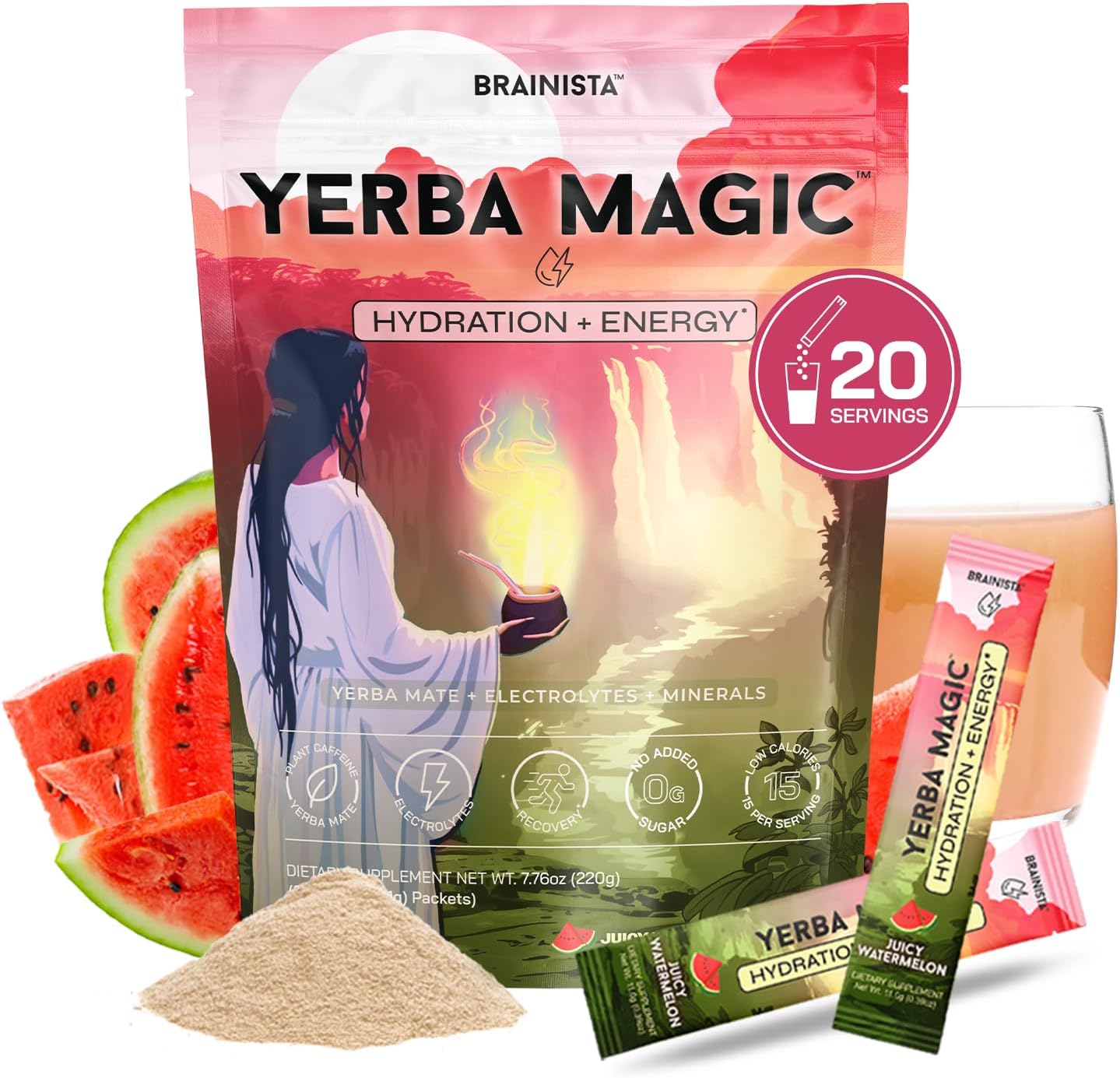 Yerba Magic Hydration + Energy - Juicy Watermelon with Electrolytes, Yerba Mate Caffeine, Sea Moss, Amino Acids & Coconut Water for Hydration, Muscle Recovery & Clean Energy - Zero Sugar (20 Stick Packs)