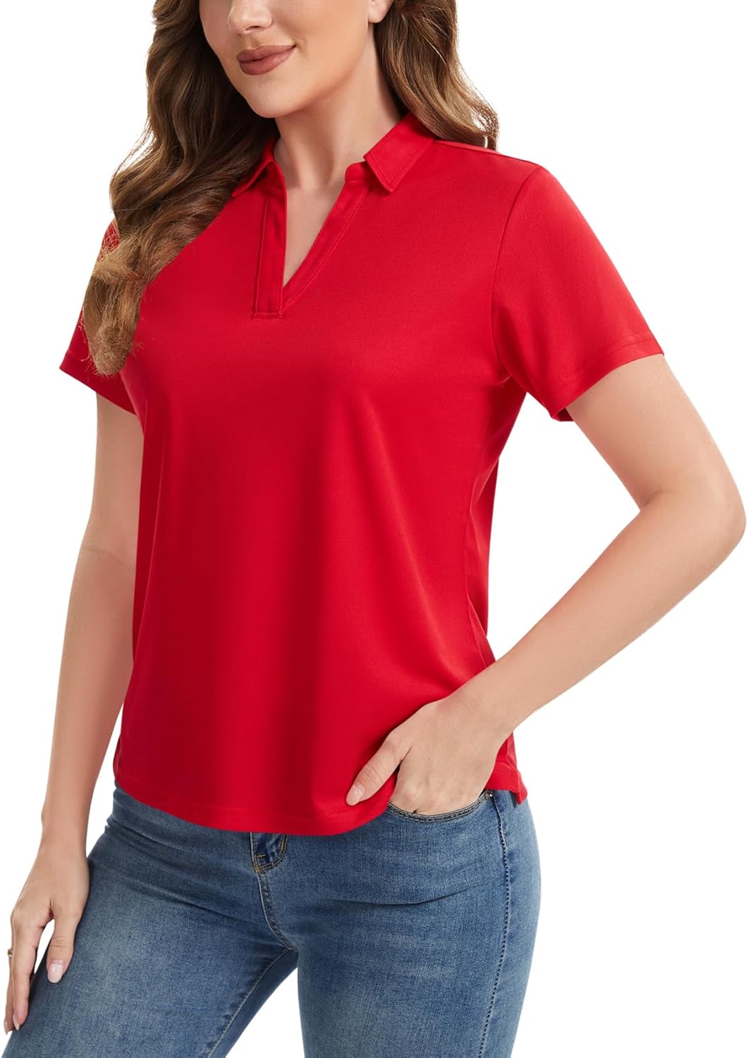 Idtswch Women's V-Neck Polo Shirt Quick-Dry Golf Tennis Top Casual Office Work Short Sleeve