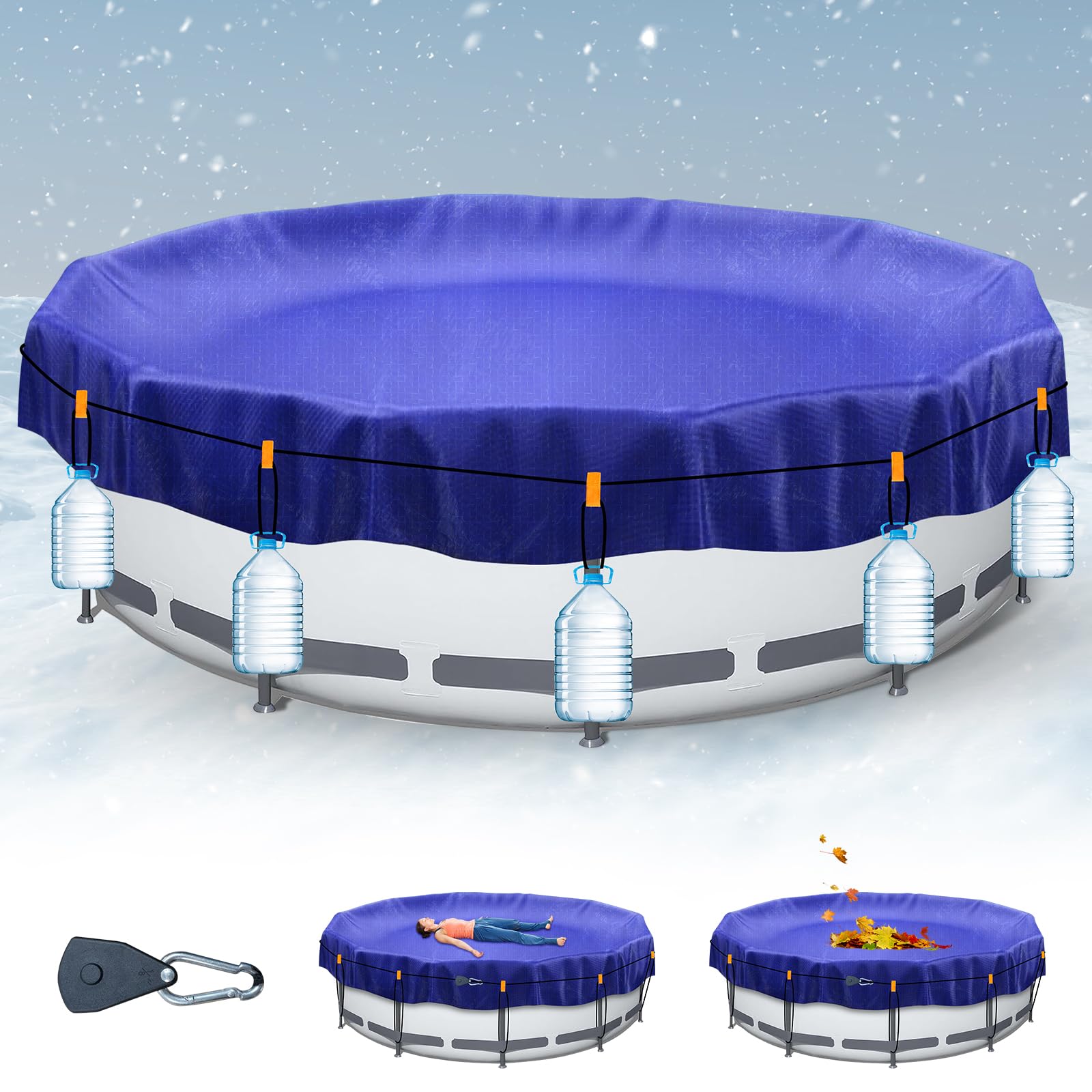 Round Pool Cover 305 cm (for Diameter 280-305 cm) 2-in-1 Pool Tarpaulin UV-Resistant Pool Solar Tarpaulin for Summer and Winter Cover Round Pool Tarpaulin for Metal and Prism Frame Pool, Blue
