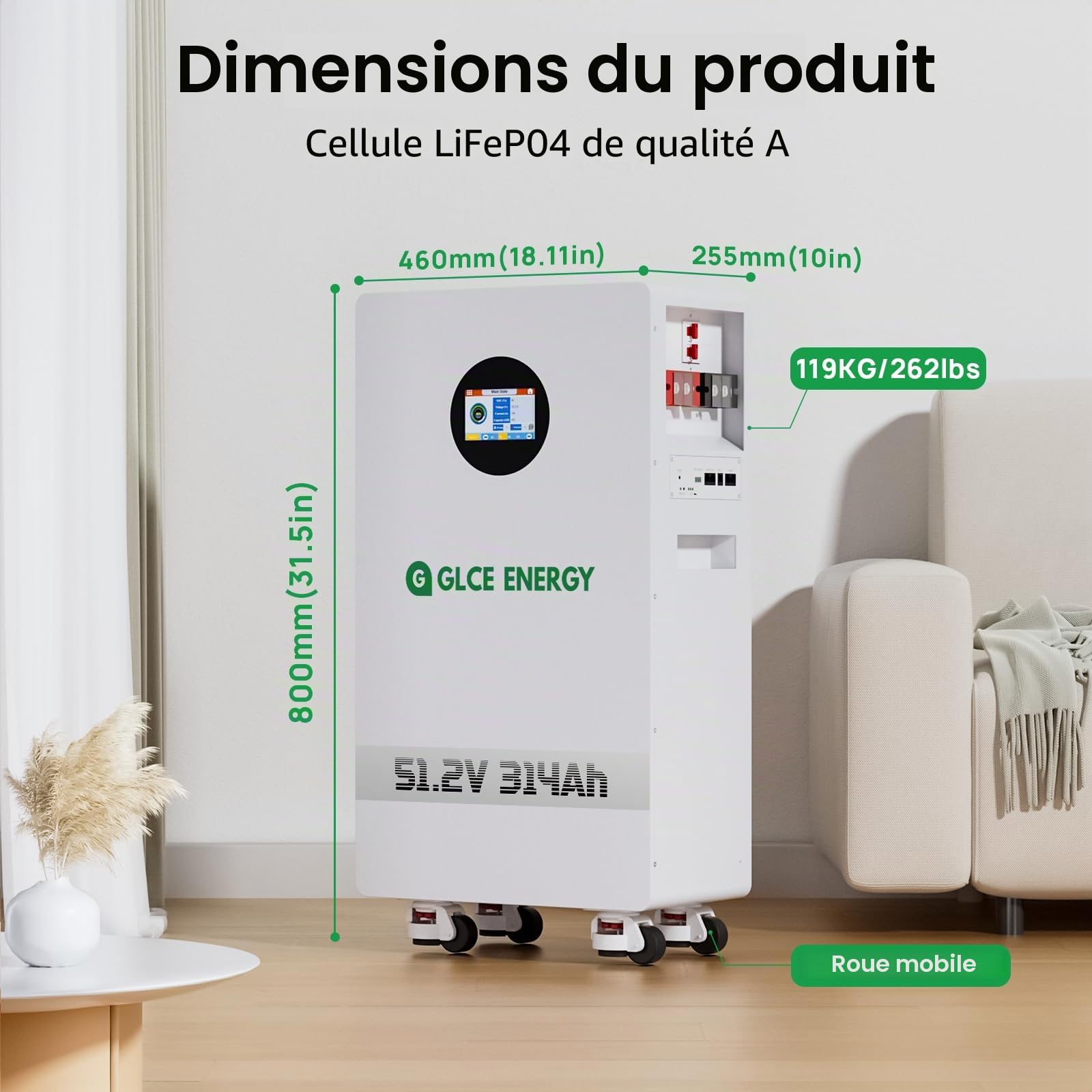 Batterie au Lithium LiFePO4 51,2V 314Ah - Écran LCD - BMS Intelligent Intégré 200A - Batterie 15,36kWh pour Camping-Car, Solaire et Stockage d’Énergie Domestique (Bluetooth/WiFi)