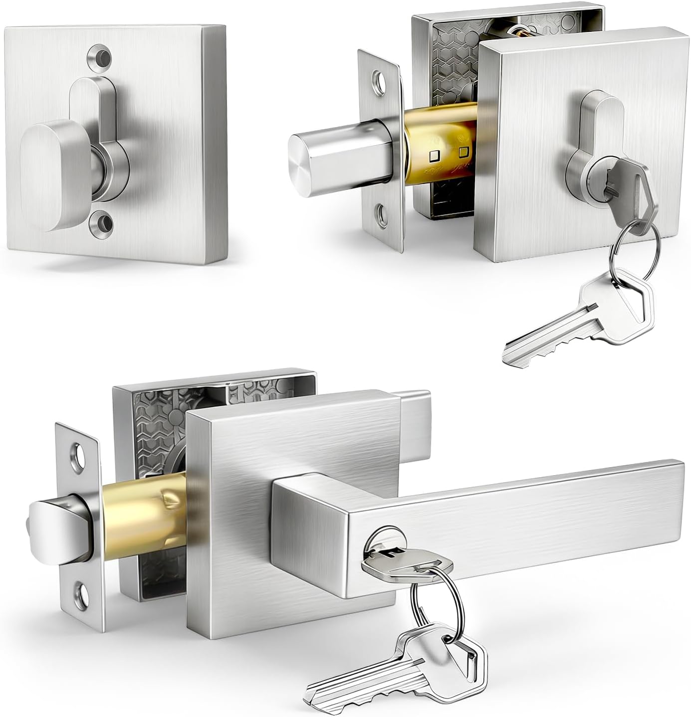 1 Pack Brushed Nickel Exterior Door Lock Set with Deadbolt, Square Front Door Handle Set, Door Levers Single Cylinder Deadbolt Set, Keyed Alike Heavy Duty Keyed Entry Handles Locksets