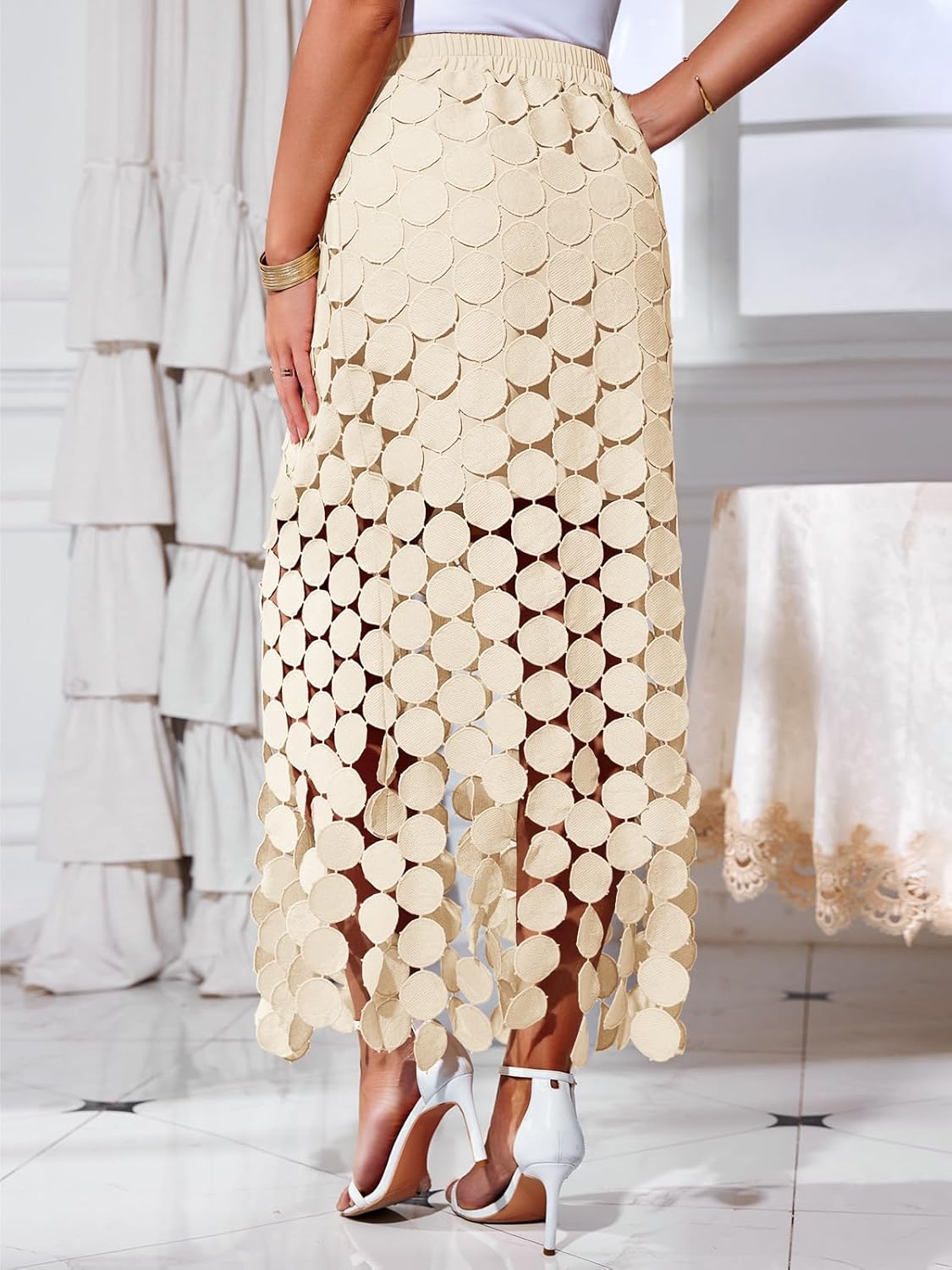 Cicy Bell Womens Hollow Out Maxi Skirts Summer High Waisted Boho Fringe Hem Long Skirt - Image 3