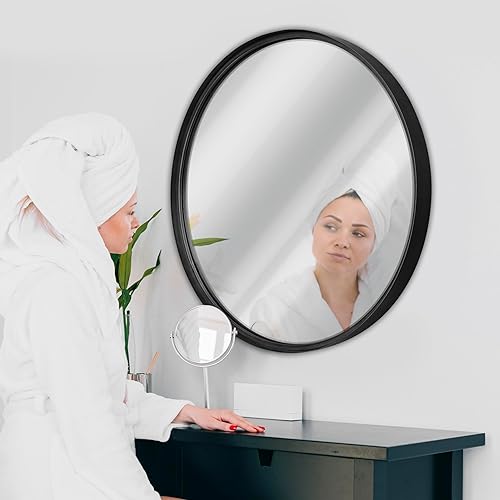 Miniatura 6 de BizChair Espejo de pared redondo de metal plateado de 27.5 pulgadas, espejo de acento grande para baño, entrada, comedor y sala de estar