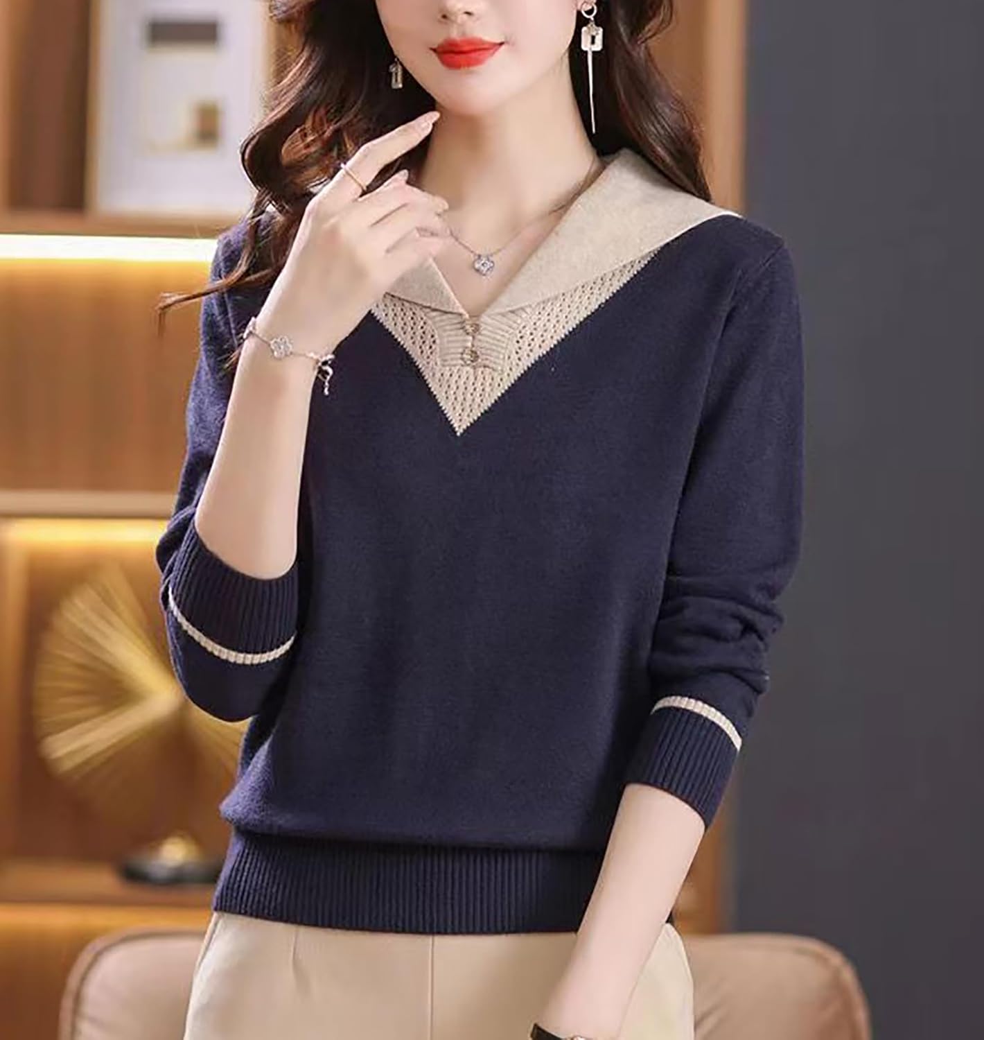 LAI MENG FIVE CATS Women's Sailor Collar Casual V-Neck Long Sleeve Shirt Color Block Sweater Knit Pullover Tops - Image 2