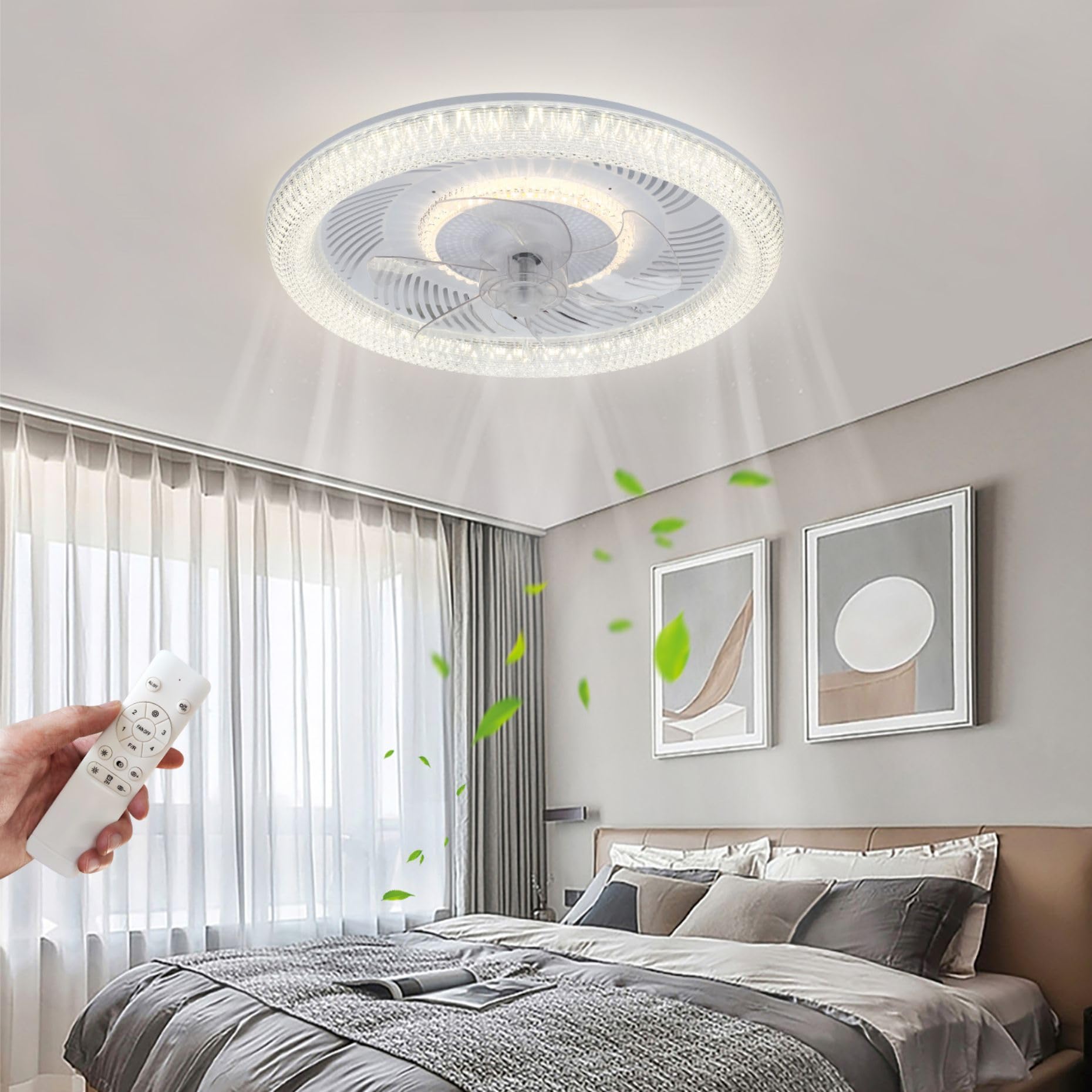 LED Deckenventilator mit Beleuchtung und fernbedienung 6 Geschwindigkeiten | und 3 Farbtemperatur Weiß Rund Kristall Moderner Ventilator Leise mit Licht für Schlafzimmer Zimmer 50CM